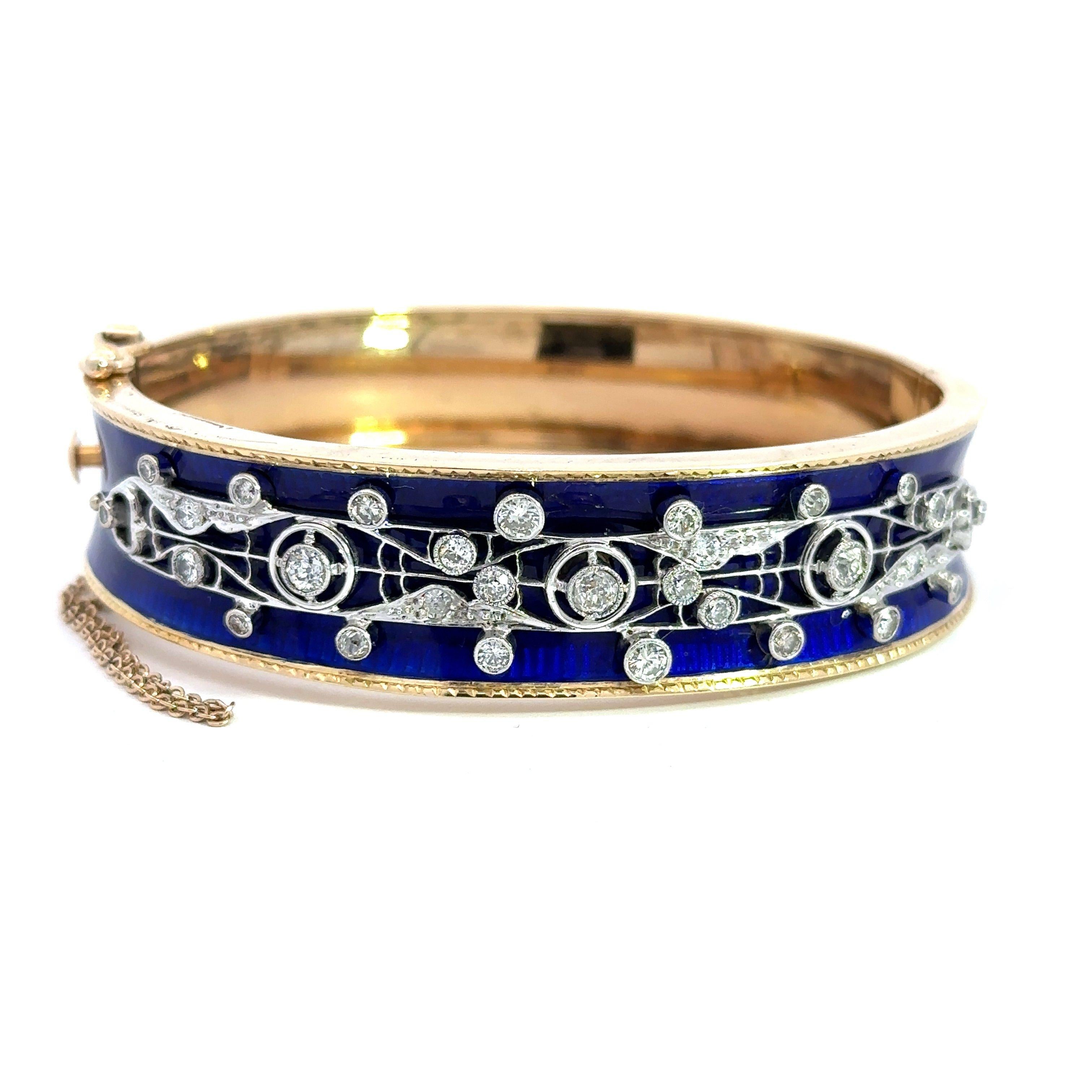 Women's 1.35CT Diamond Blue Enamel Vintage Bangle Bracelet For Sale
