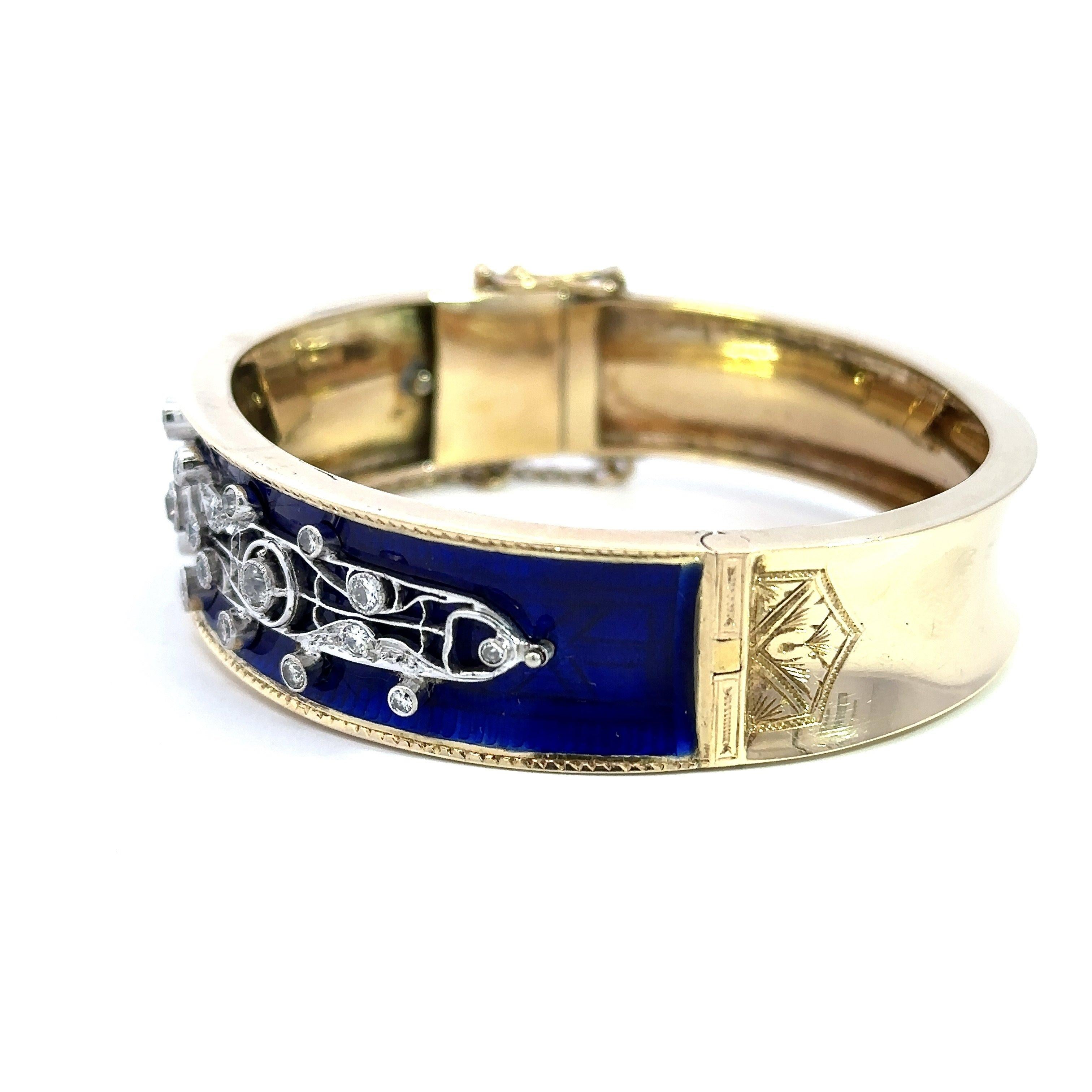 1.35CT Diamond Blue Enamel Vintage Bangle Bracelet For Sale 2