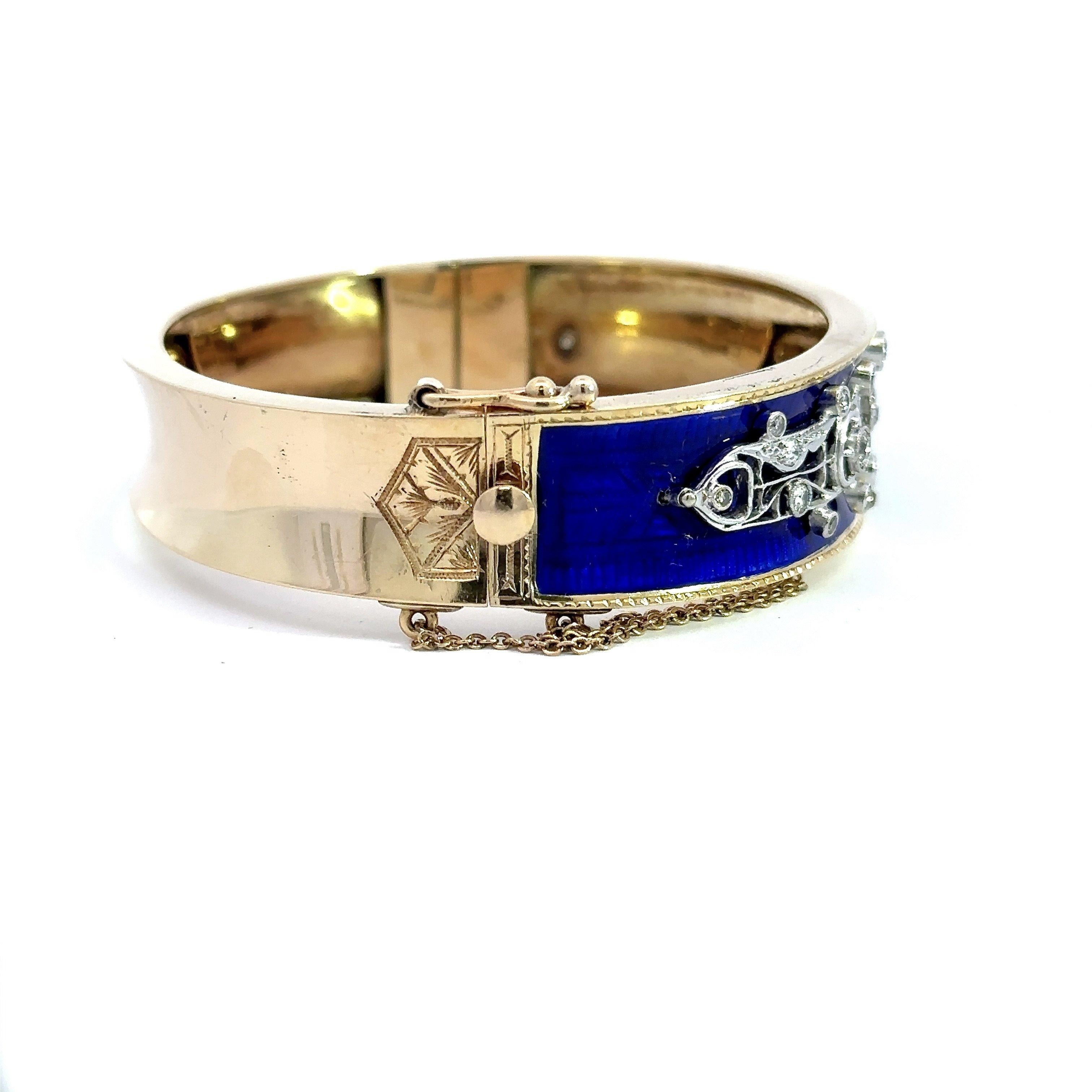 1.35CT Diamond Blue Enamel Vintage Bangle Bracelet For Sale 4