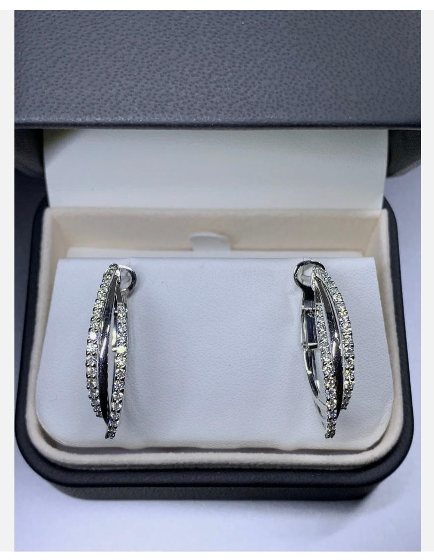 Round Cut 1.35ct Diamond Chunky Hoops Tennis Earrings 18ct White Gold For Sale