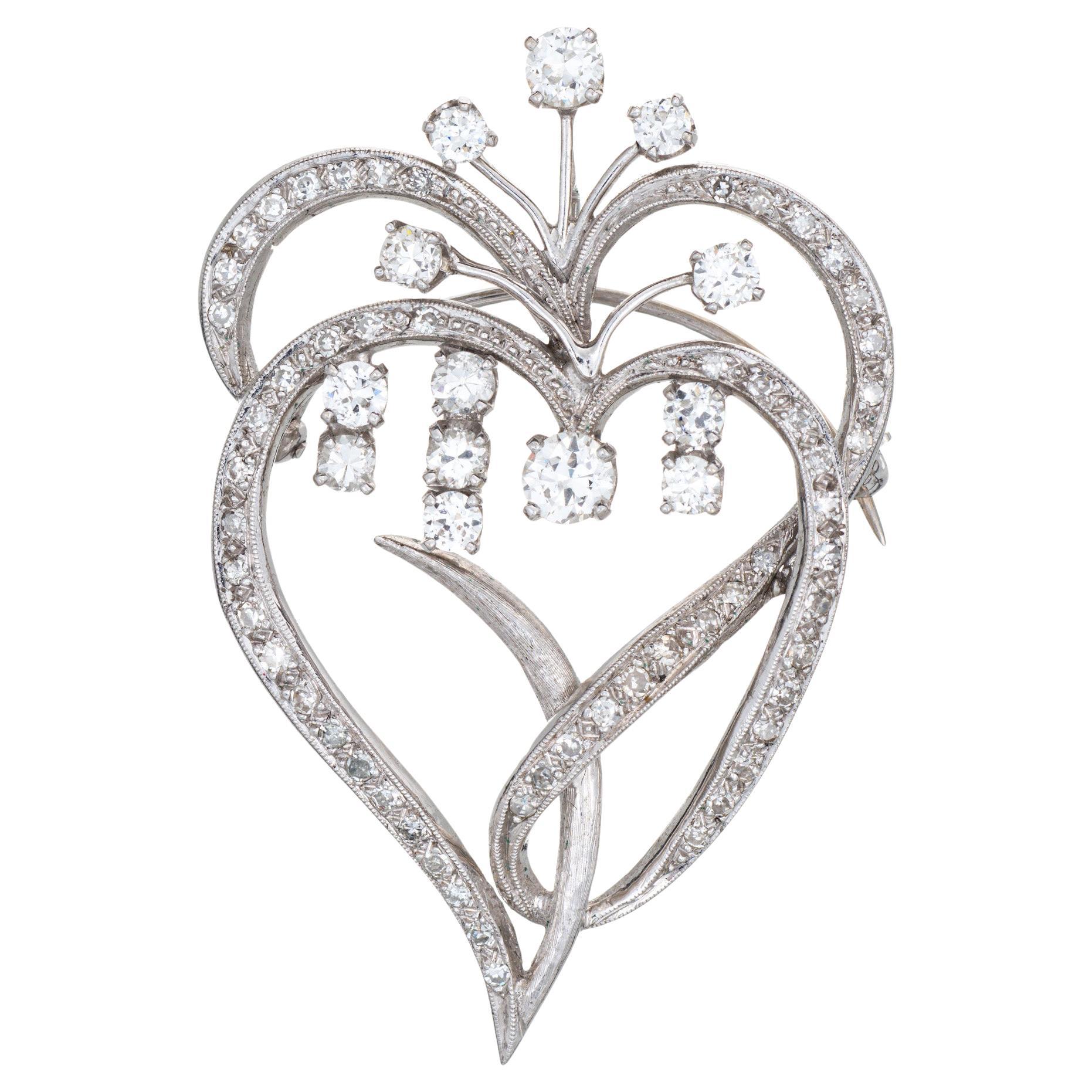1.35ct Diamond Double Heart Pendentif Mid Century 10k White Gold Vintage Jewelry