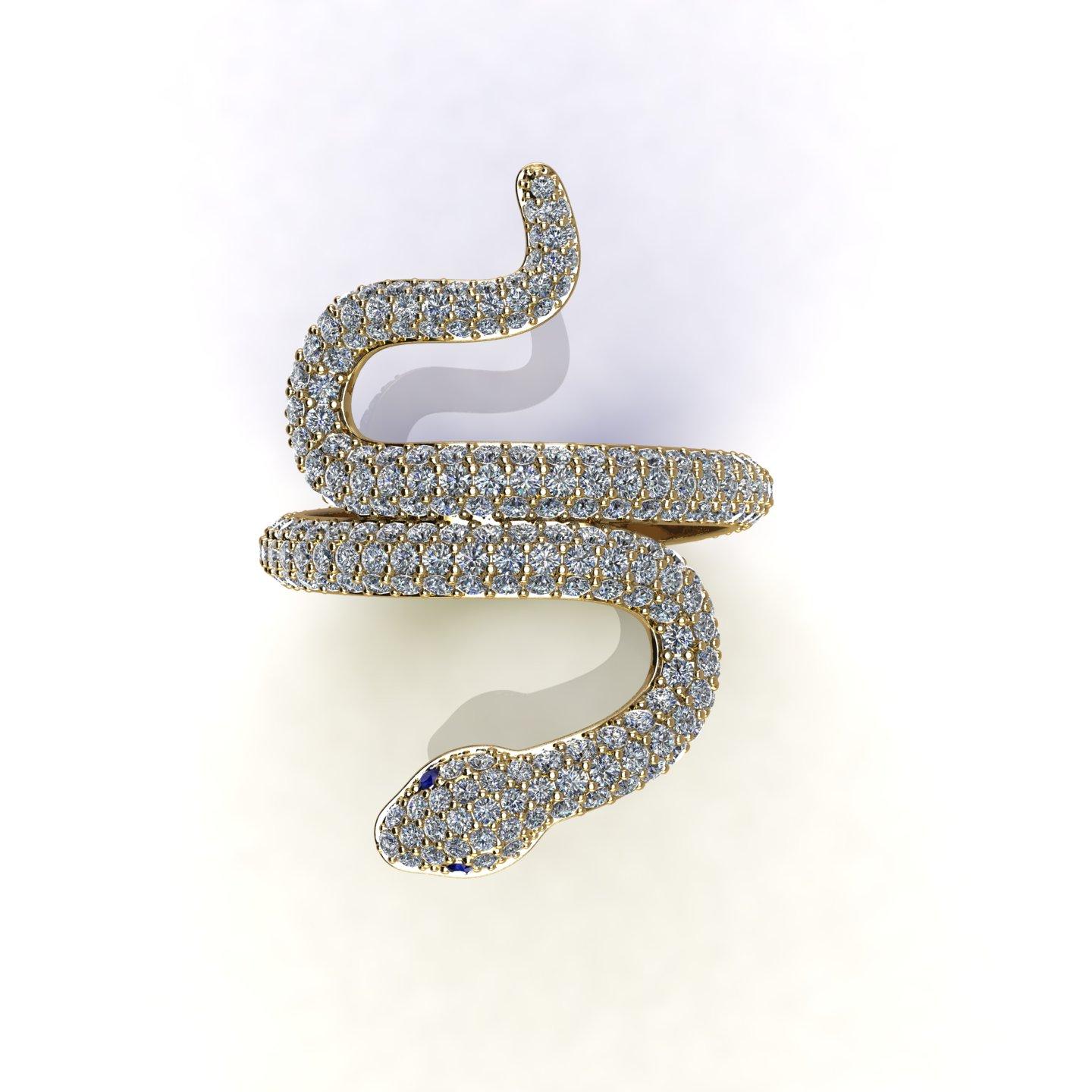 1.35ct Diamond Snake 14k yellow gold ring
Bright hand picked Diamonds, G/H color and VS clarity, of fine cut, made in 14k Yellow gold to help the slim design have more robustness.
Made to order in your finger size, due to the fitting in relation to