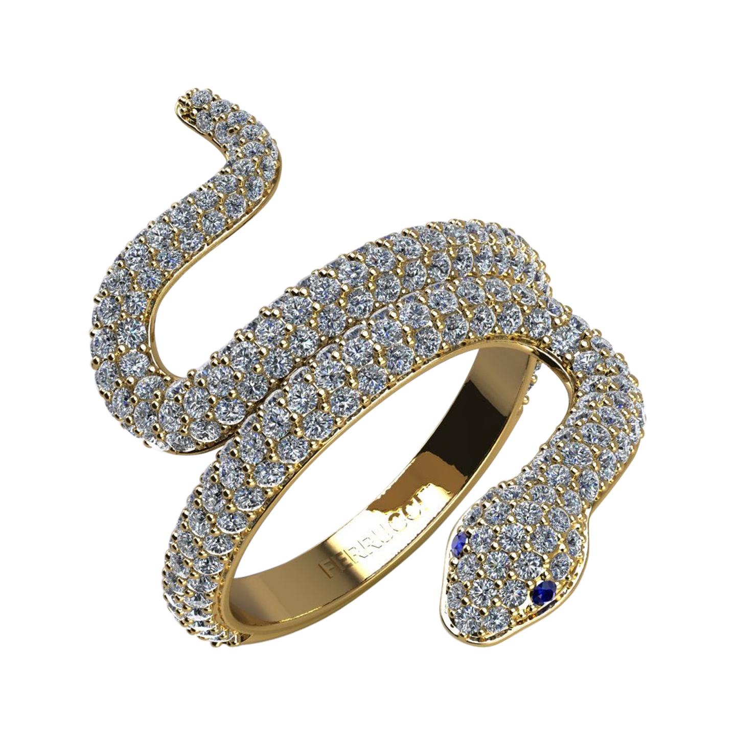 Bague nature morte serpent en or jaune 14 carats avec diamants 1,35 carat