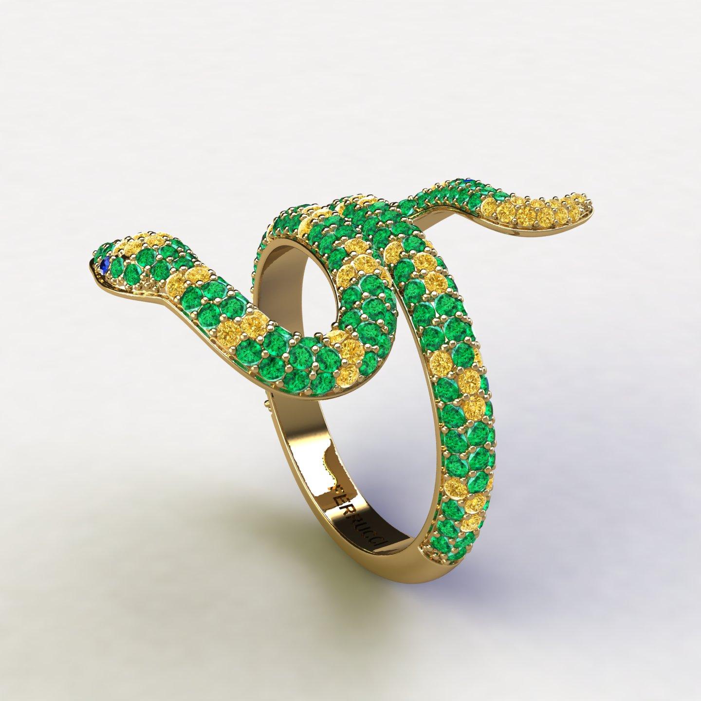 Emeralds Pave' Snake 14k Yellow Gold Ring, bright green hand picked emeralds and Yellow Sapphires and Blue Sapphires, totalling approximately 1.35 carats, made in 14k Yellow gold to help the slim design, to have more robustness.
Made to order in