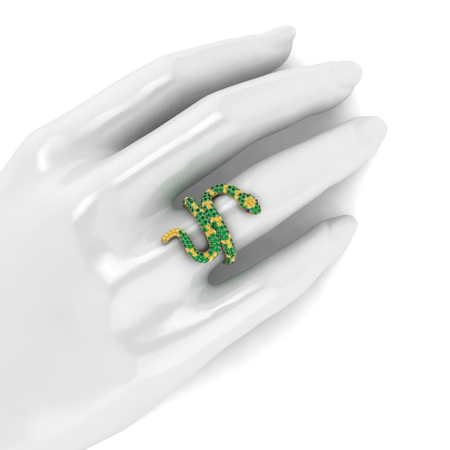 Modern 1.35ct Green Emeralds Yellow and Blue Sapphires Pave' Snake 14k Yellow Gold Ring For Sale