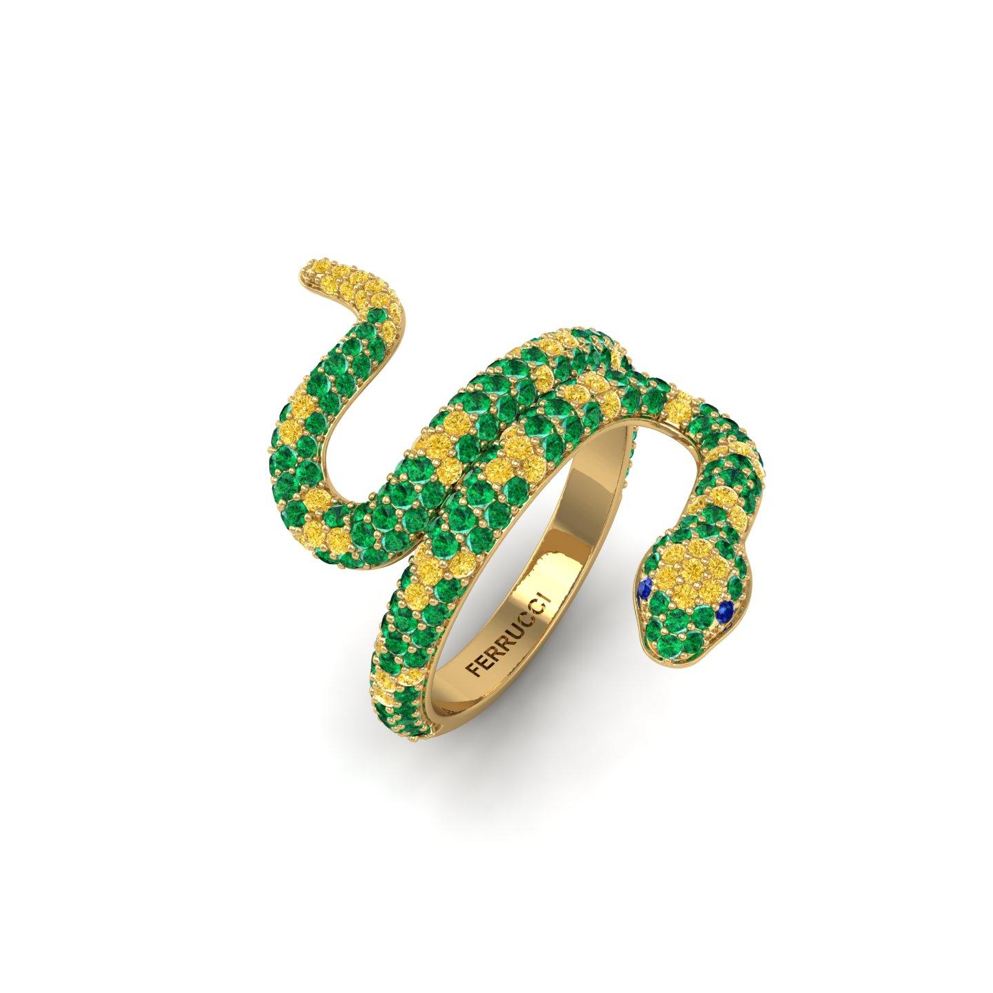 Round Cut 1.35ct Green Emeralds Yellow and Blue Sapphires Pave' Snake 14k Yellow Gold Ring For Sale