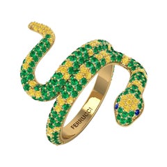 1.35ct Green Emeralds Yellow and Blue Sapphires Pave' Snake 14k Yellow Gold Ring