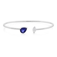 1.35Ct Natural Blue Sapphire SI/H Diamond Open Cuff Bracelet 18 Karat White Gold