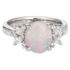 Retro 1.35ct Natural Opal Diamond Ring Estate Platinum Oval Cocktail Jewelry