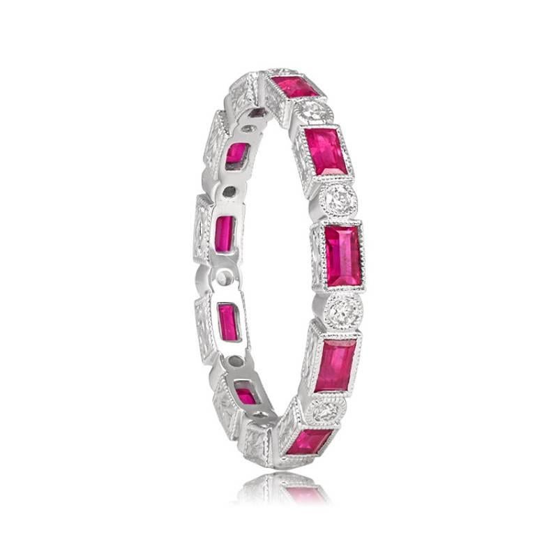 Art Deco 1.35ct Natural Ruby & 0.15ct Cut Diamond Wedding Band, 18k White Gold For Sale
