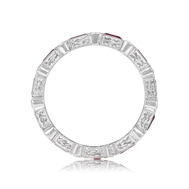 Baguette Cut 1.35ct Natural Ruby & 0.15ct Cut Diamond Wedding Band, 18k White Gold For Sale