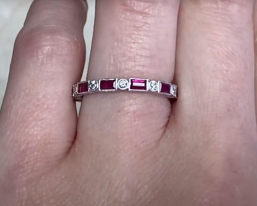 1.35ct Natural Ruby & 0.15ct Cut Diamond Wedding Band, 18k White Gold In Excellent Condition For Sale In New York, NY