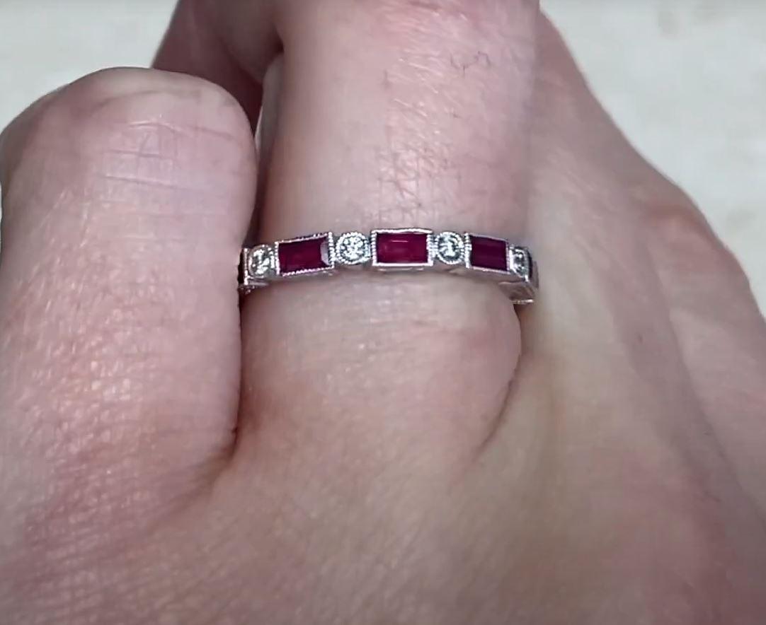 Women's 1.35ct Natural Ruby & 0.15ct Cut Diamond Wedding Band, 18k White Gold For Sale
