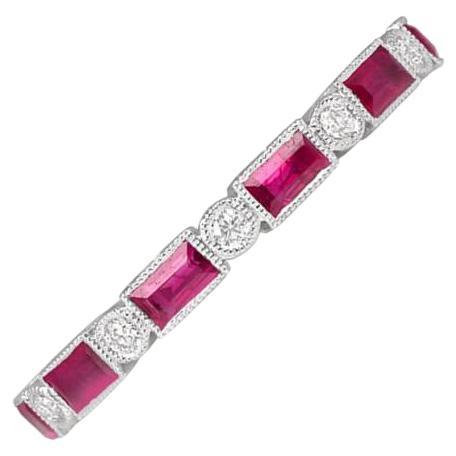 1.35ct Natural Ruby & 0.15ct Cut Diamond Wedding Band, 18k White Gold For Sale