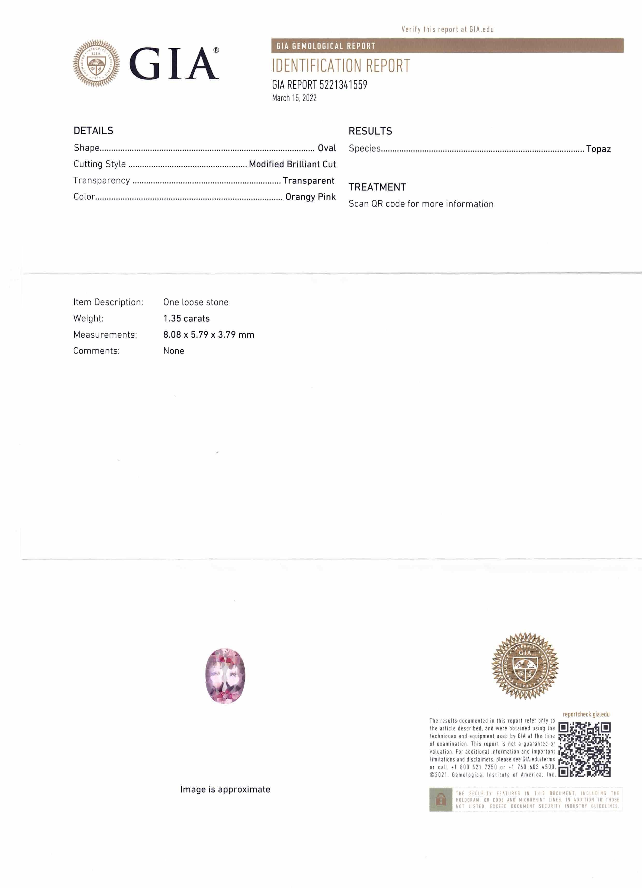 Oval Cut 1.35ct Oval Orangy Pink Imperial Topaz GIA Certified