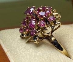 1.35ct Pink Ruby Cluster Flower-Shaped Cupola Ring in 14K Yellow Gold, c1970's.