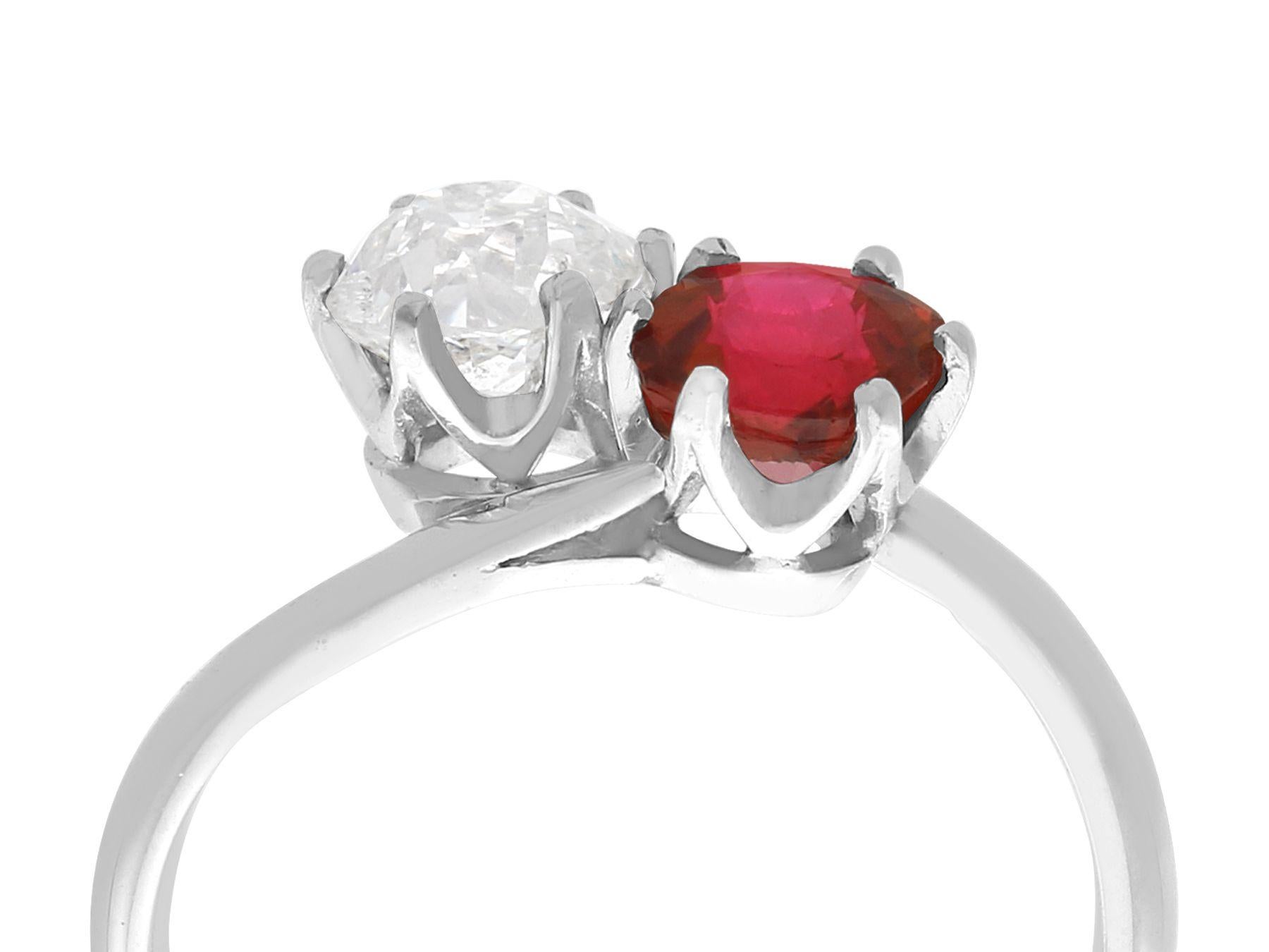 An impressive antique French 1.35 carat Thai ruby and 0.97 carat diamond, 18 karat white gold and platinum set twist ring; part of our diverse antique jewellery collections

This stunning, fine and impressive antique ruby and diamond ring has been