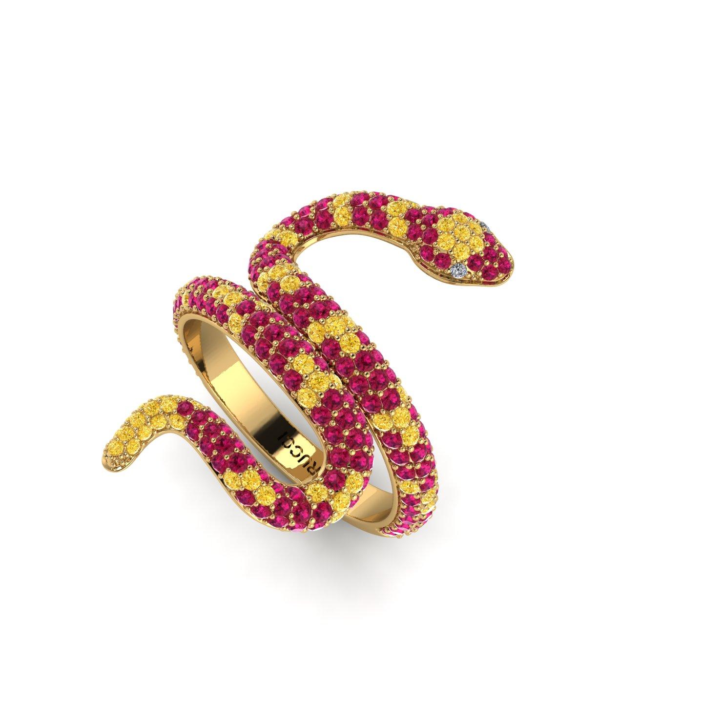 Ruby Pave' Snake 18k Yellow Gold Ring, with Yellow Sapphires, hand picked, totalling approximately 1.35 carats, made in 18k Yellow gold  with green emeralds as eyes.  You can create your own custom combination of color gemstones.
Made to order in