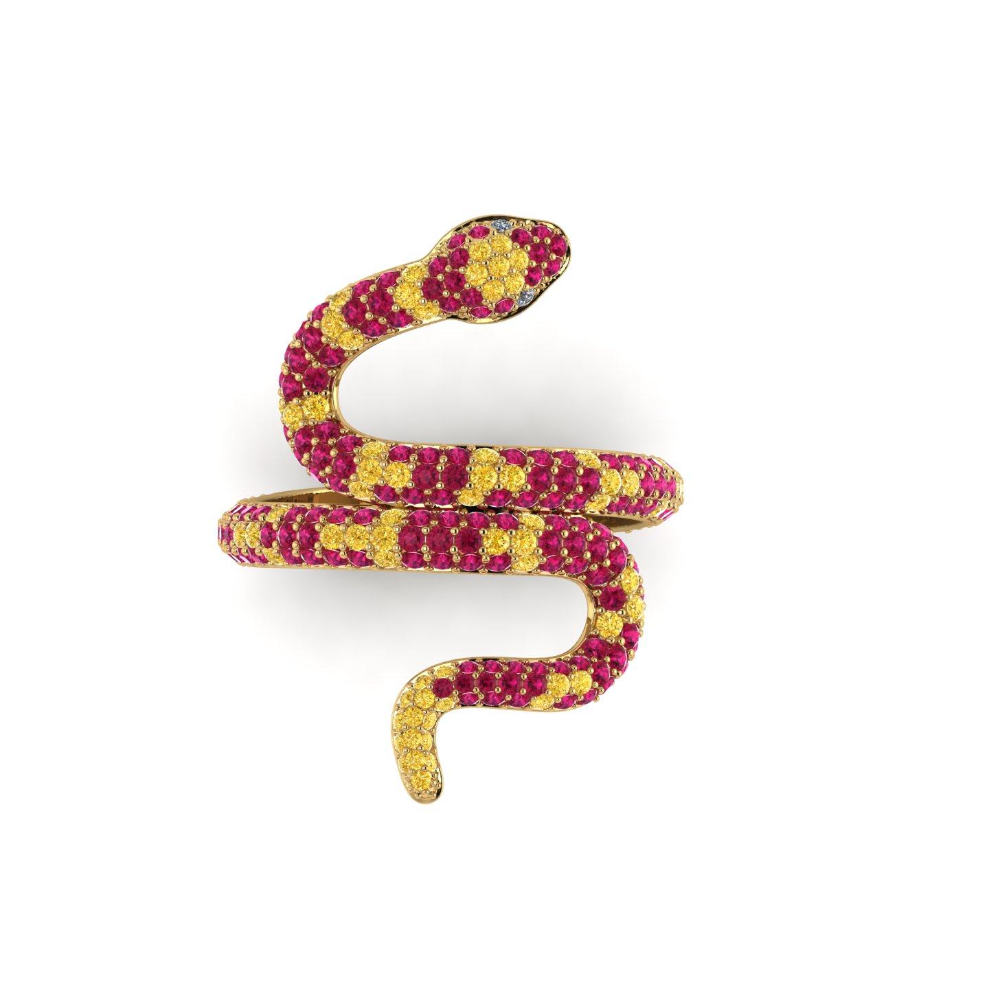 Moderne Bague en or jaune 18 carats avec rubis et saphirs jaunes et diamants en forme de serpent pavés de 1,35 carat en vente