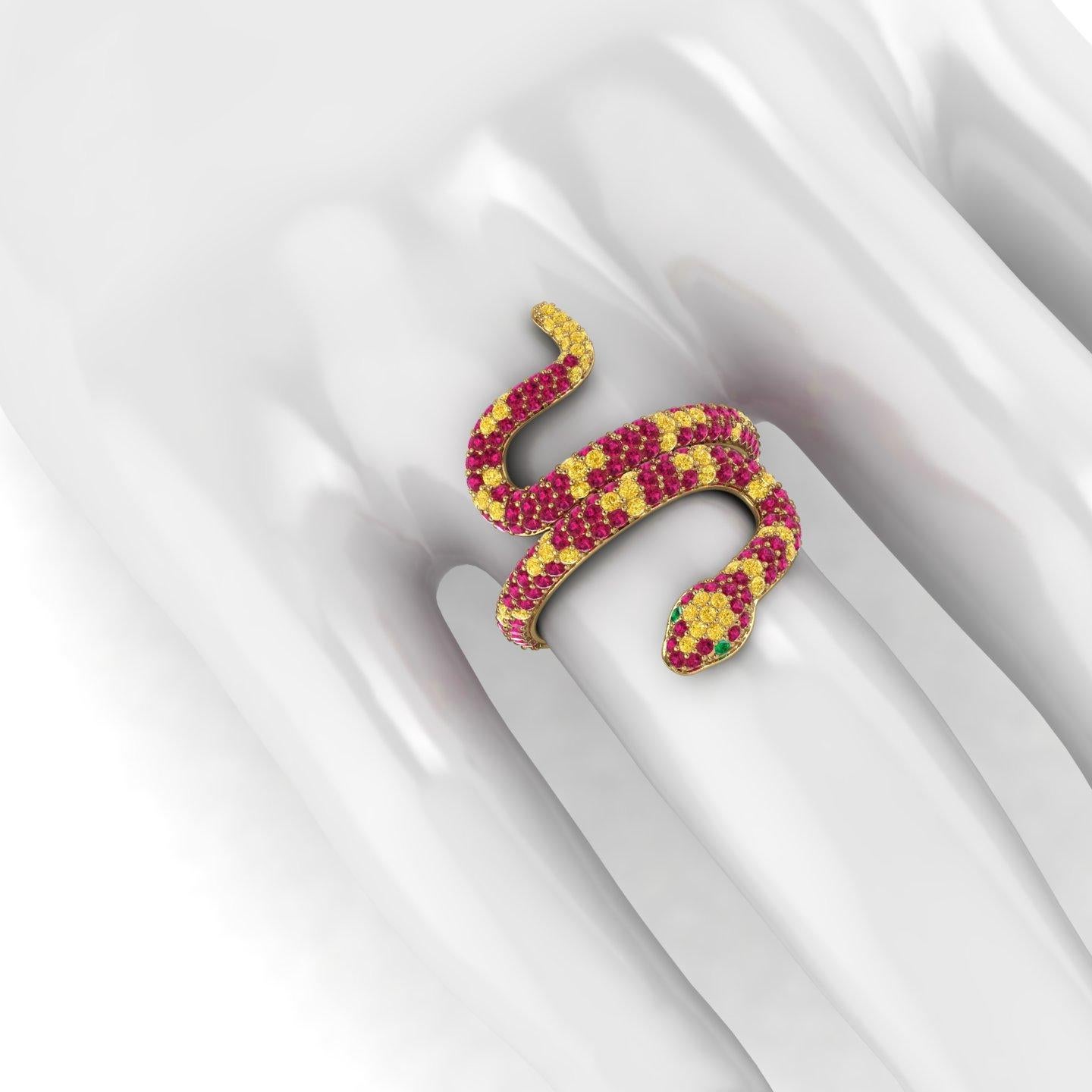 1.35ct Ruby and Yellow Sapphires Pave' Snake Diamonds 18k Yellow Gold Ring In New Condition For Sale In New York, NY