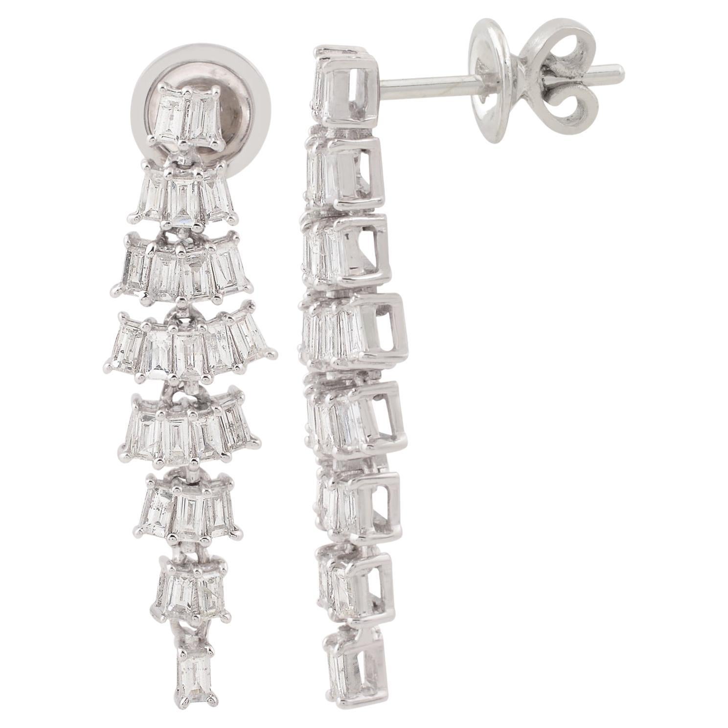 1.35cts SI Clarity HI Color Baguette Diamond Long Dangle Earrings 18k White Gold