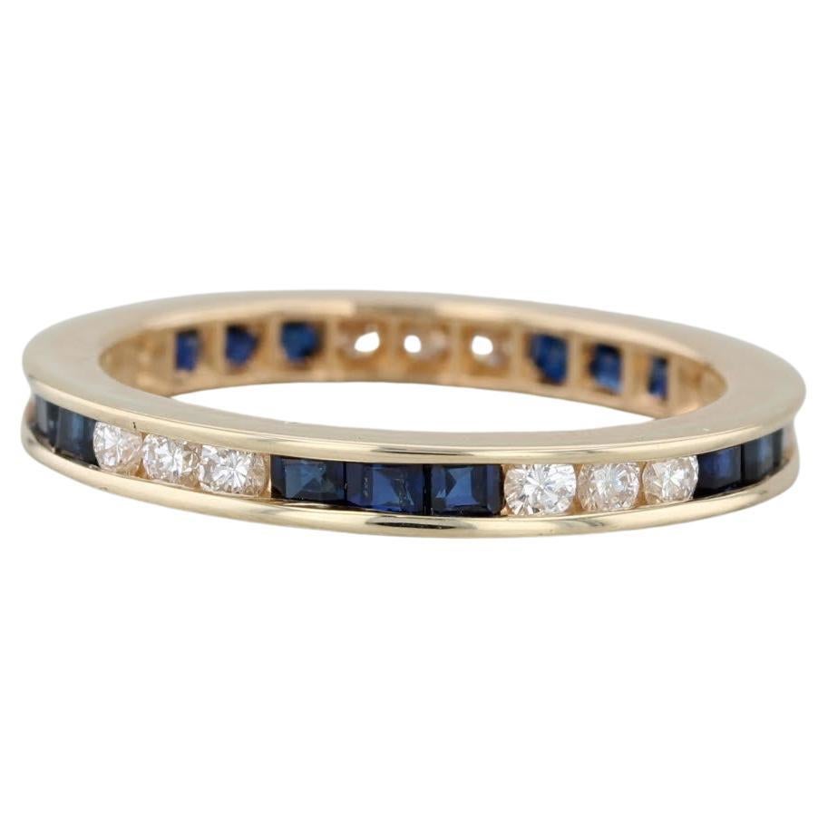 1.35ctw Blue Sapphire Diamond Eternity Band 14k Gold Stackable Wedding Ring For Sale
