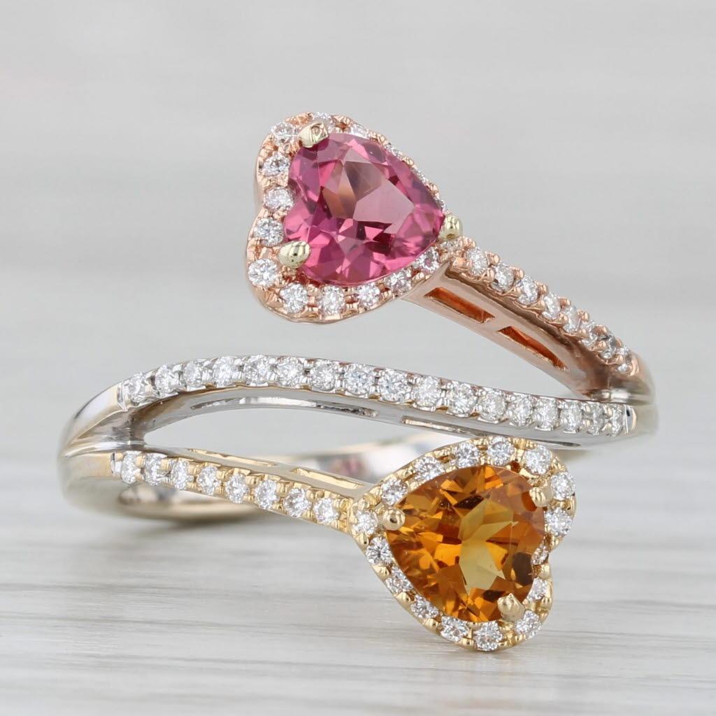 1.35ctw Citrine Tourmaline Diamond Hearts Bypass Ring 18k Yellow Rose White Gold In Good Condition For Sale In McLeansville, NC