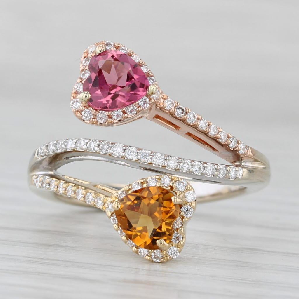 1.35ctw Citrine Tourmaline Diamond Hearts Bypass Ring 18k Yellow Rose White Gold For Sale 1