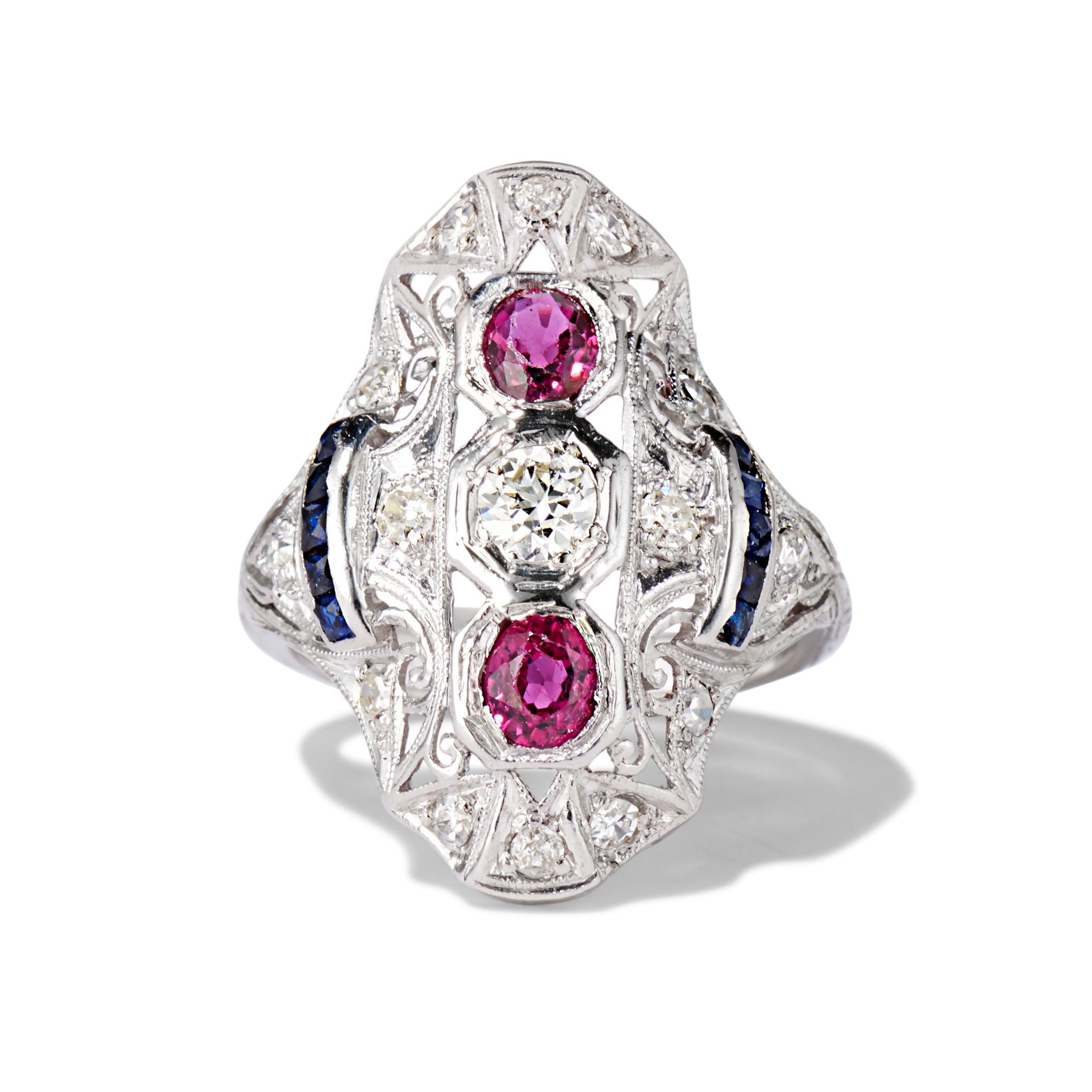 1,35 ctw filigraner Platinring mit Diamanten und Rubinen (Alteuropäischer Schliff)