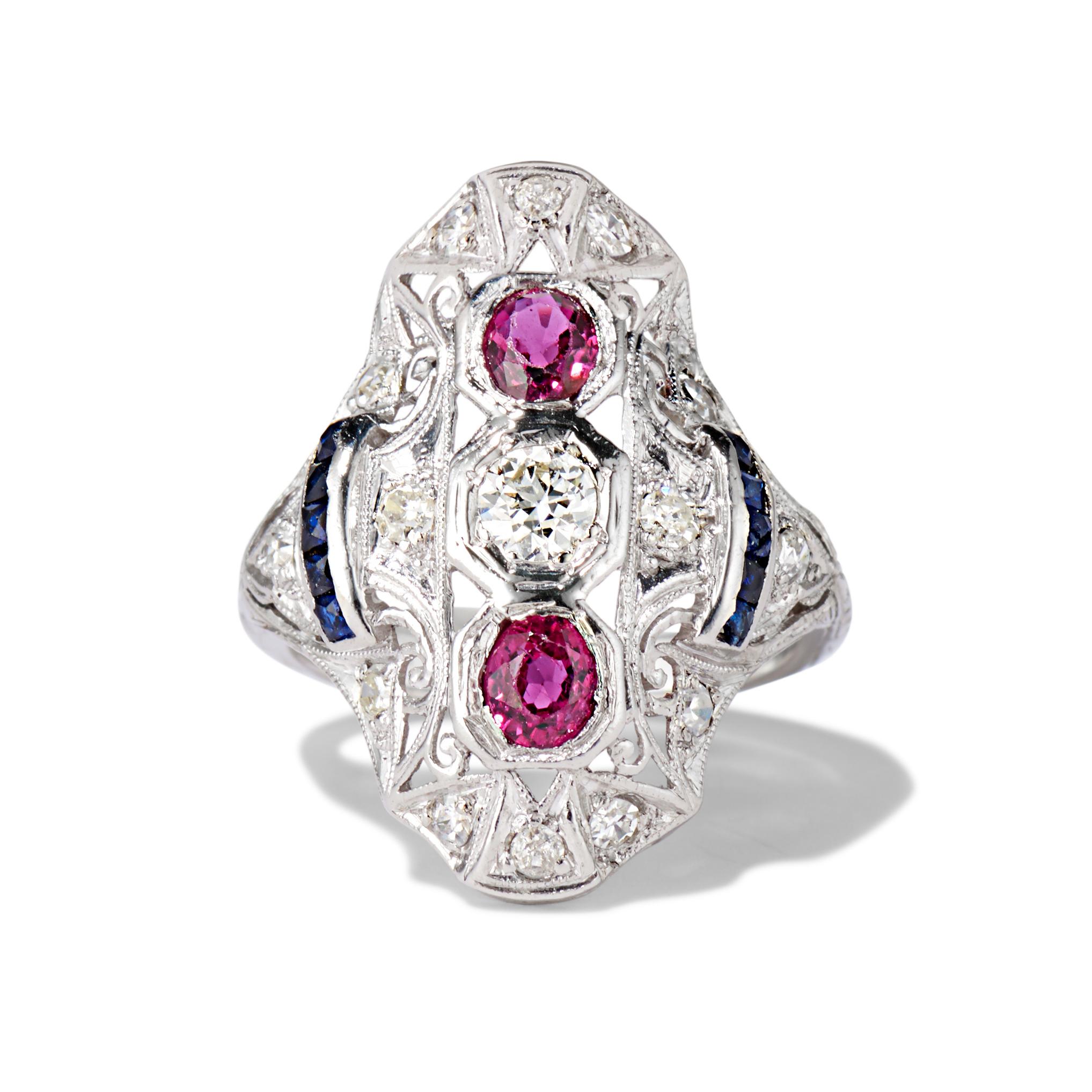 Taille vieille Europe Bague filigrane en diamant et rubis de 1,35 ctw en vente