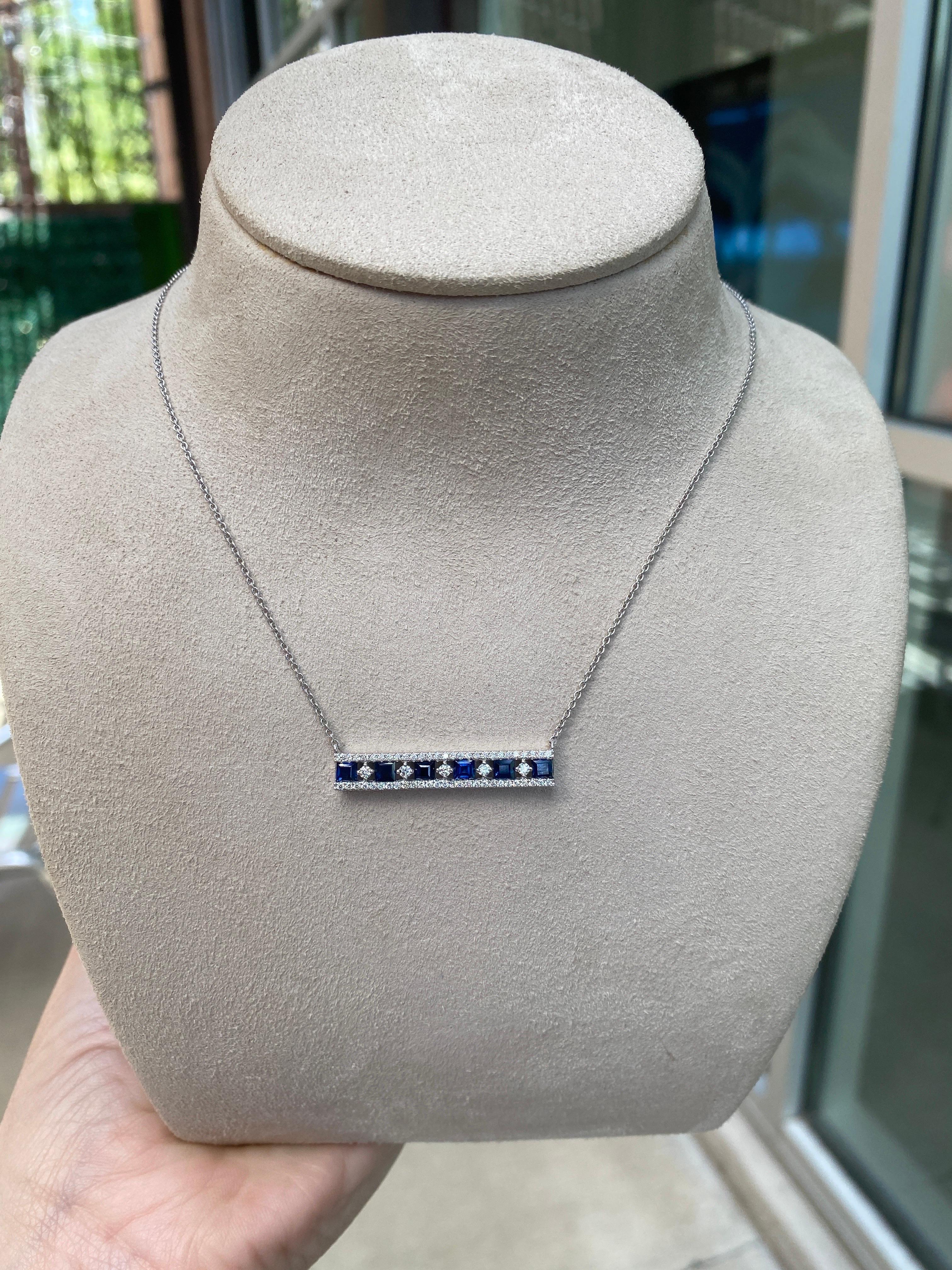 1.35ctw Princess Cut Sapphires & 0.40ctw Round Diamond 14k White Gold Necklace For Sale 6