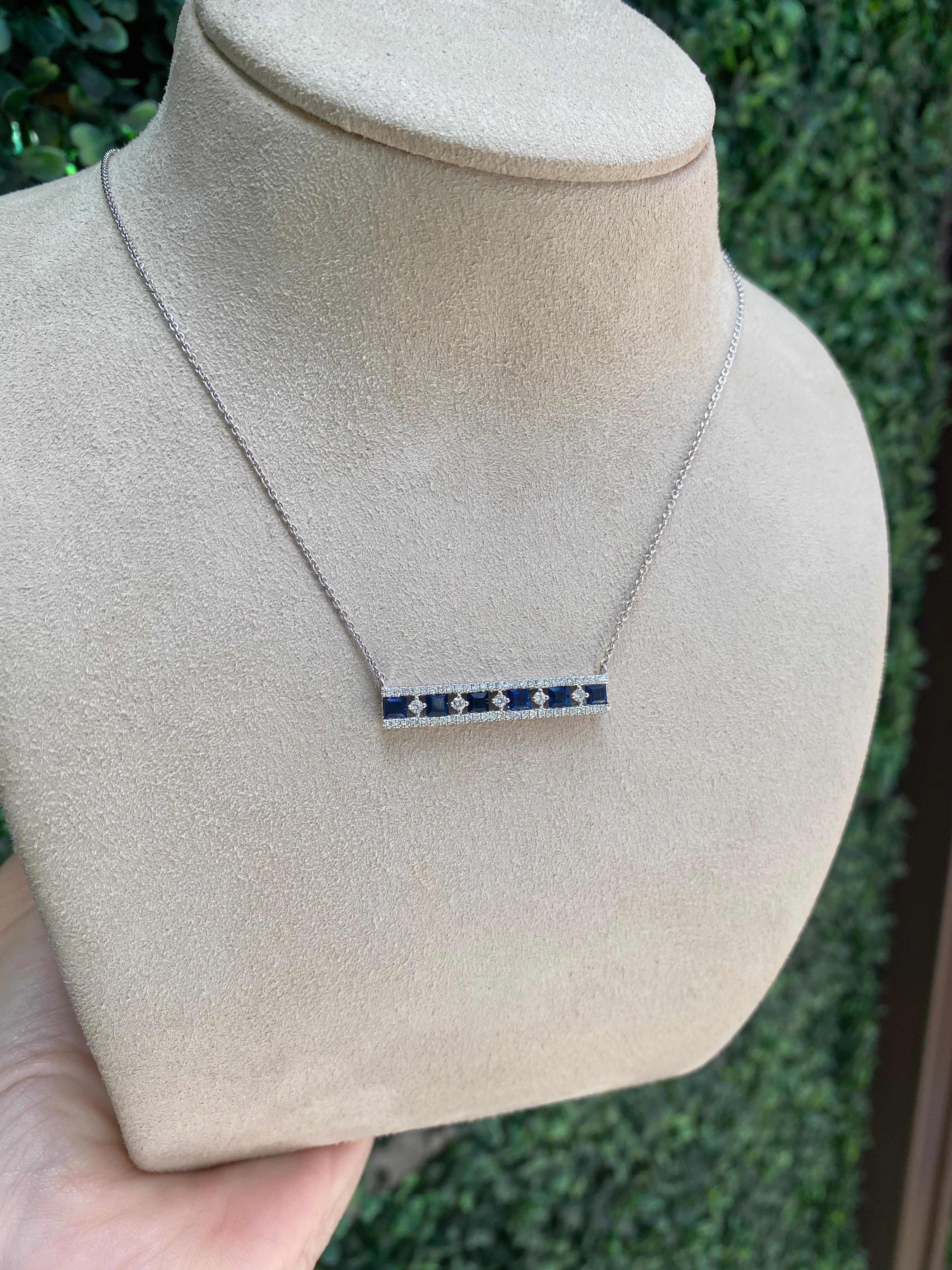 1.35ctw Princess Cut Sapphires & 0.40ctw Round Diamond 14k White Gold Necklace In New Condition For Sale In Houston, TX