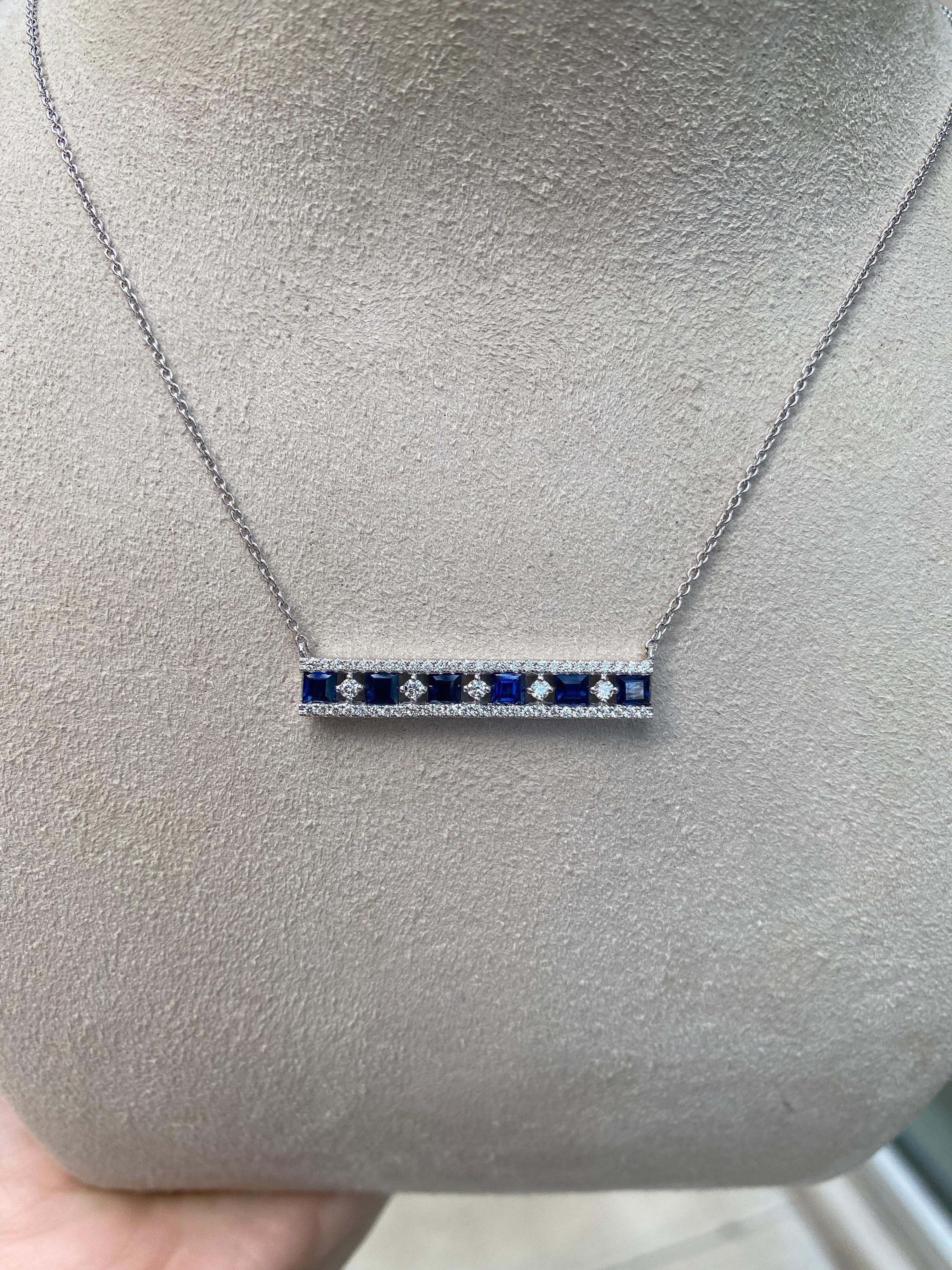 1.35ctw Princess Cut Sapphires & 0.40ctw Round Diamond 14k White Gold Necklace For Sale 5