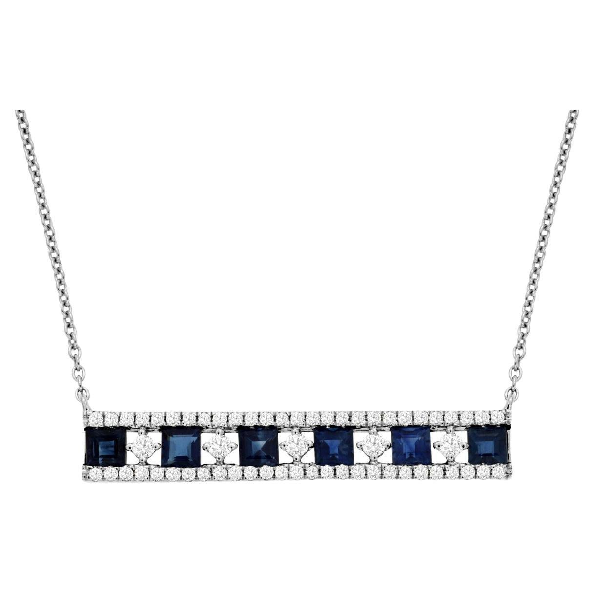 1.35ctw Princess Cut Sapphires & 0.40ctw Round Diamond 14k White Gold Necklace For Sale