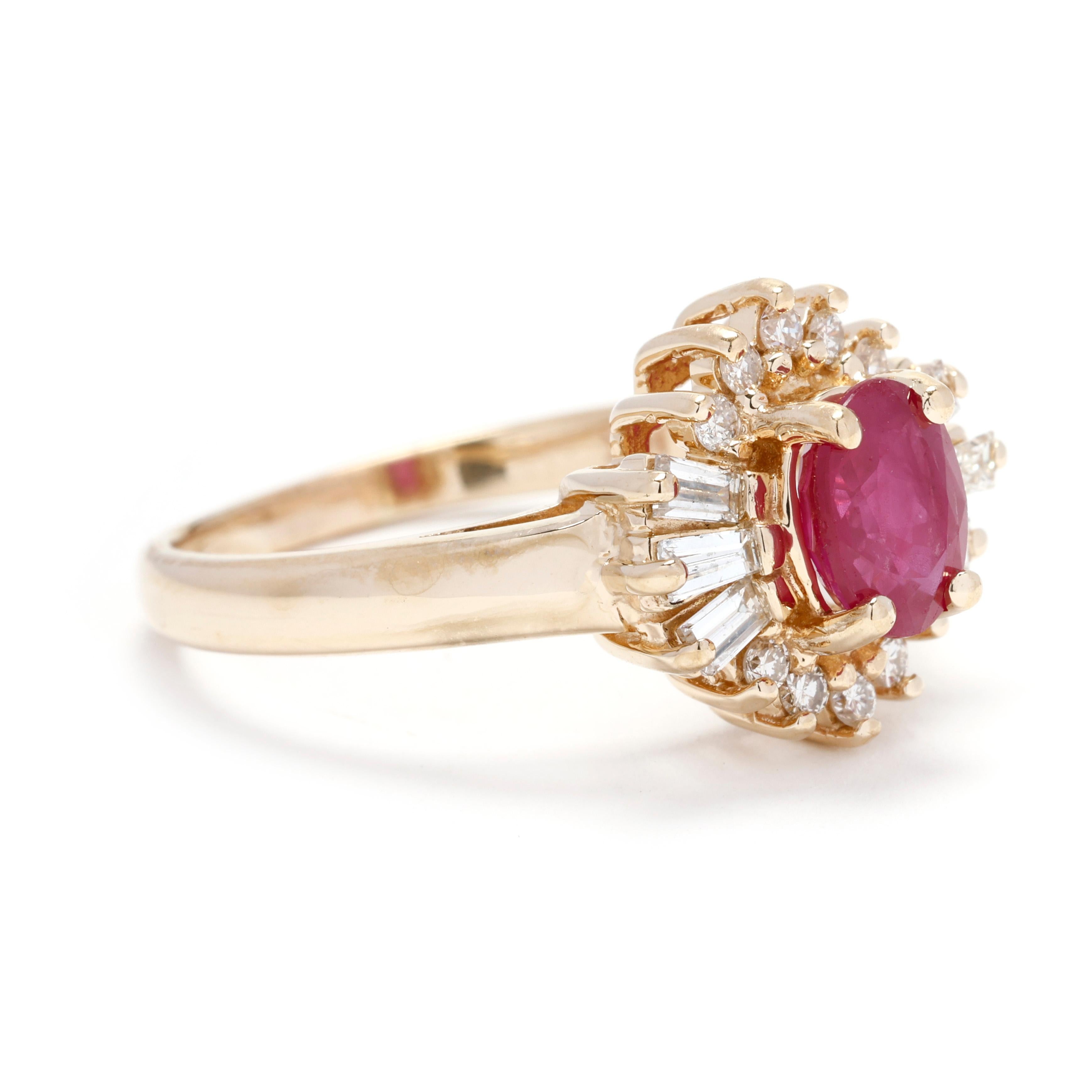 Indulge in the allure of luxury with this captivating 1.35ctw Ruby and Diamond Statement Ring. Crafted in radiant 14k yellow gold, this exquisite ring features a vibrant ruby centerpiece accented by dazzling diamonds, creating a truly show-stopping