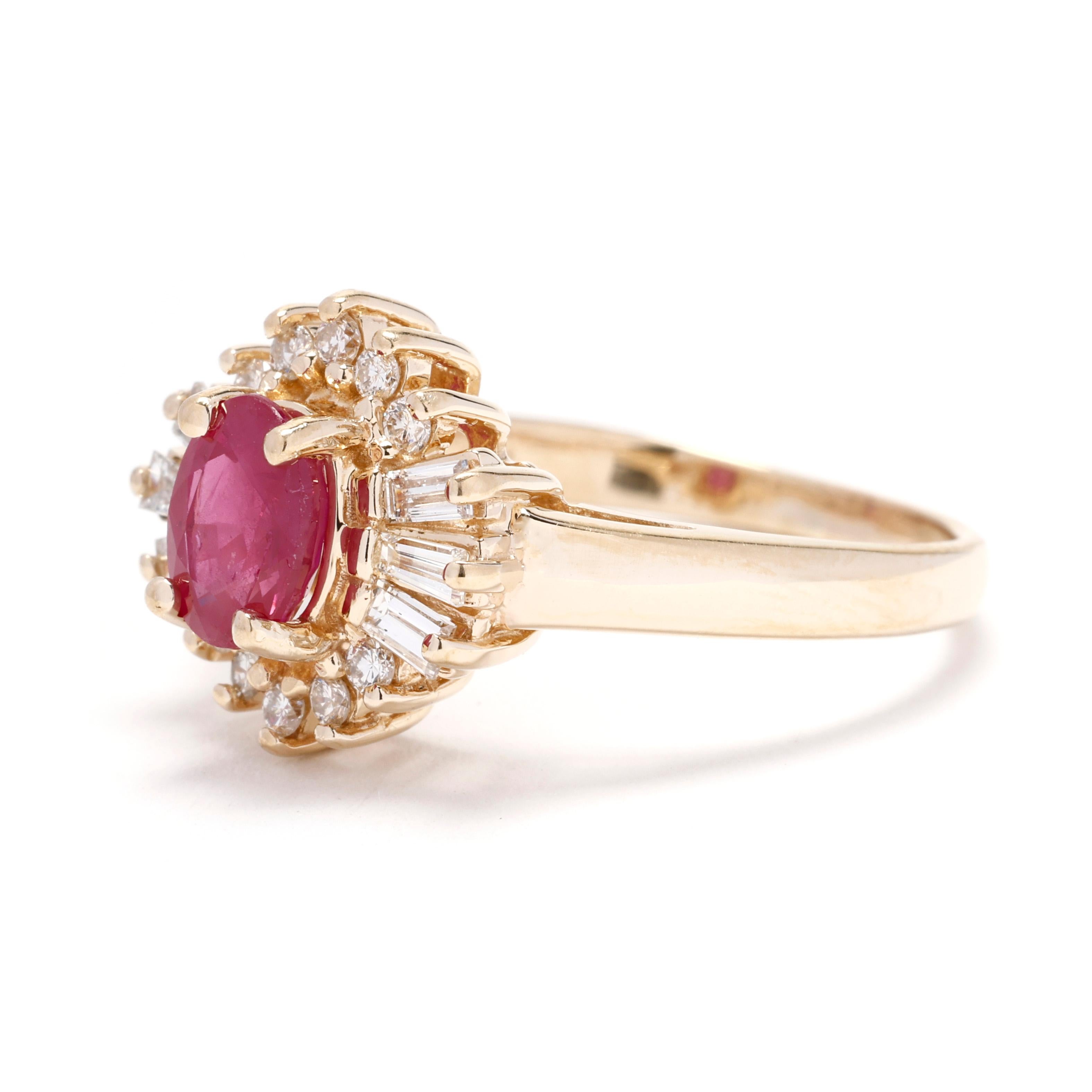 1.35ctw Ruby and Diamond Statement Ring, 14k Yellow Gold, Ring Size 7 In Good Condition For Sale In McLeansville, NC