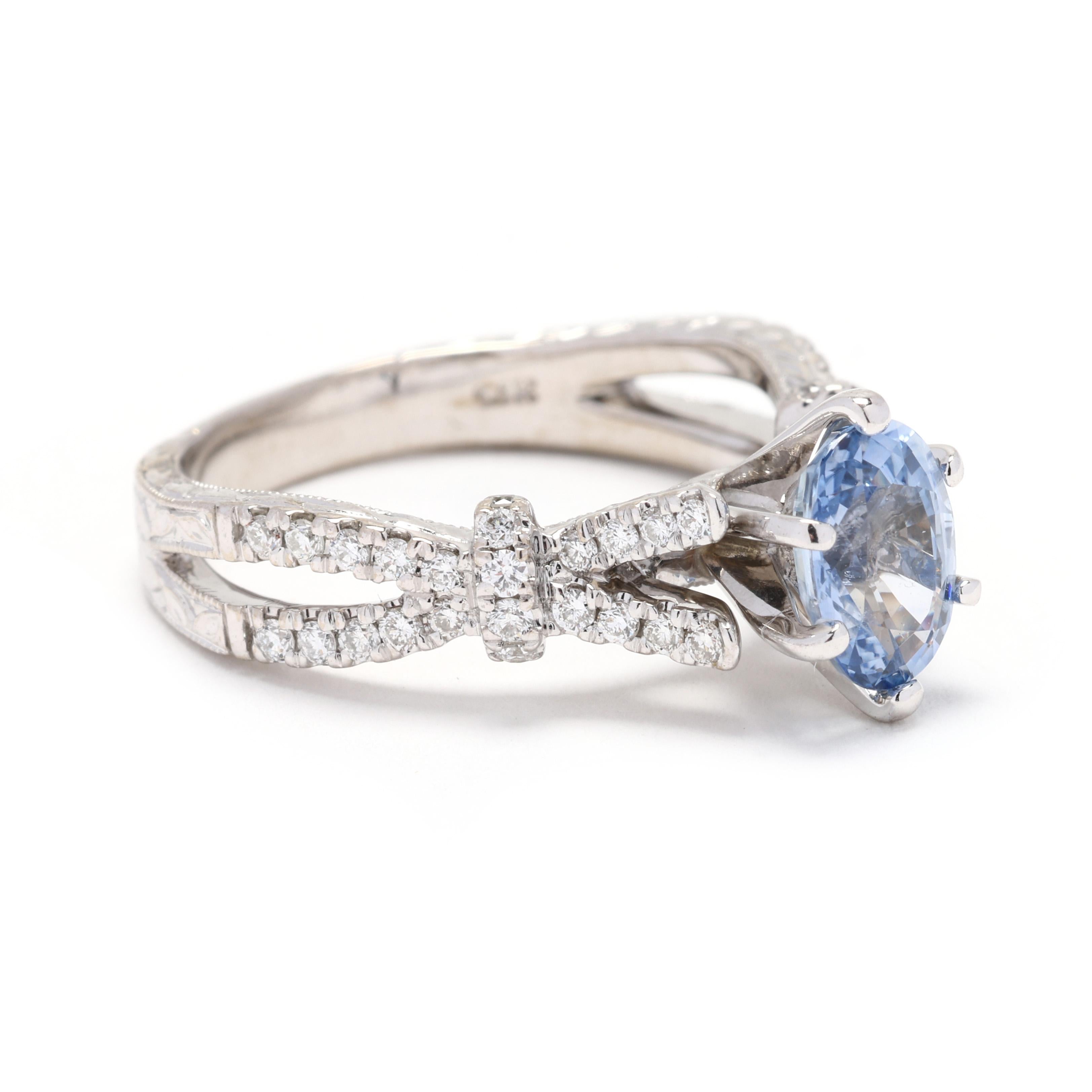 This engagement ring combines the deep blue allure of sapphire with the dazzling brilliance of diamonds, making it a unique and enchanting choice. The 14k white gold setting provides a sleek and modern backdrop that enhances the overall elegance of