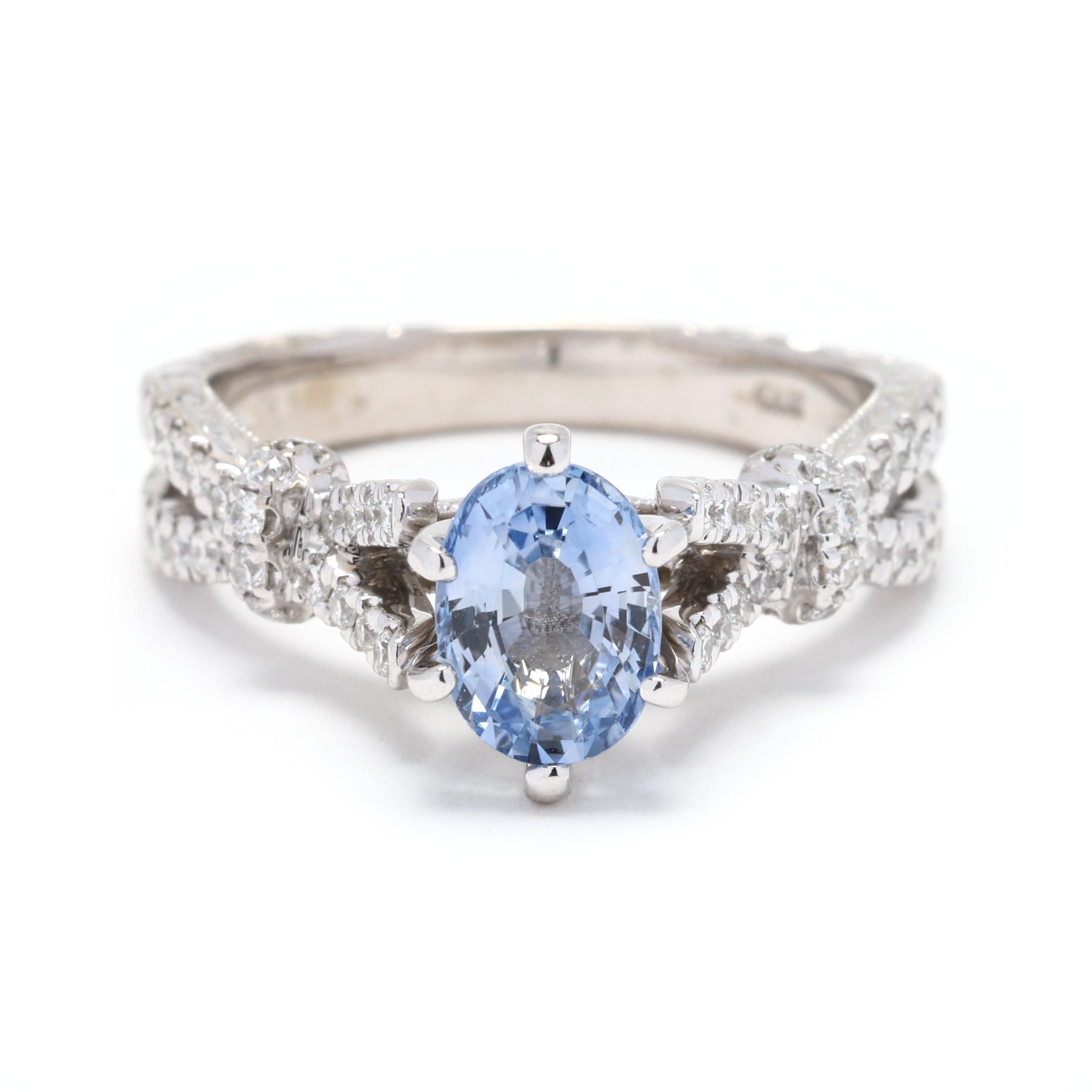 1.35ctw Sapphire and Diamond Engagement Ring, 14k White Gold, Ring Size 5 For Sale