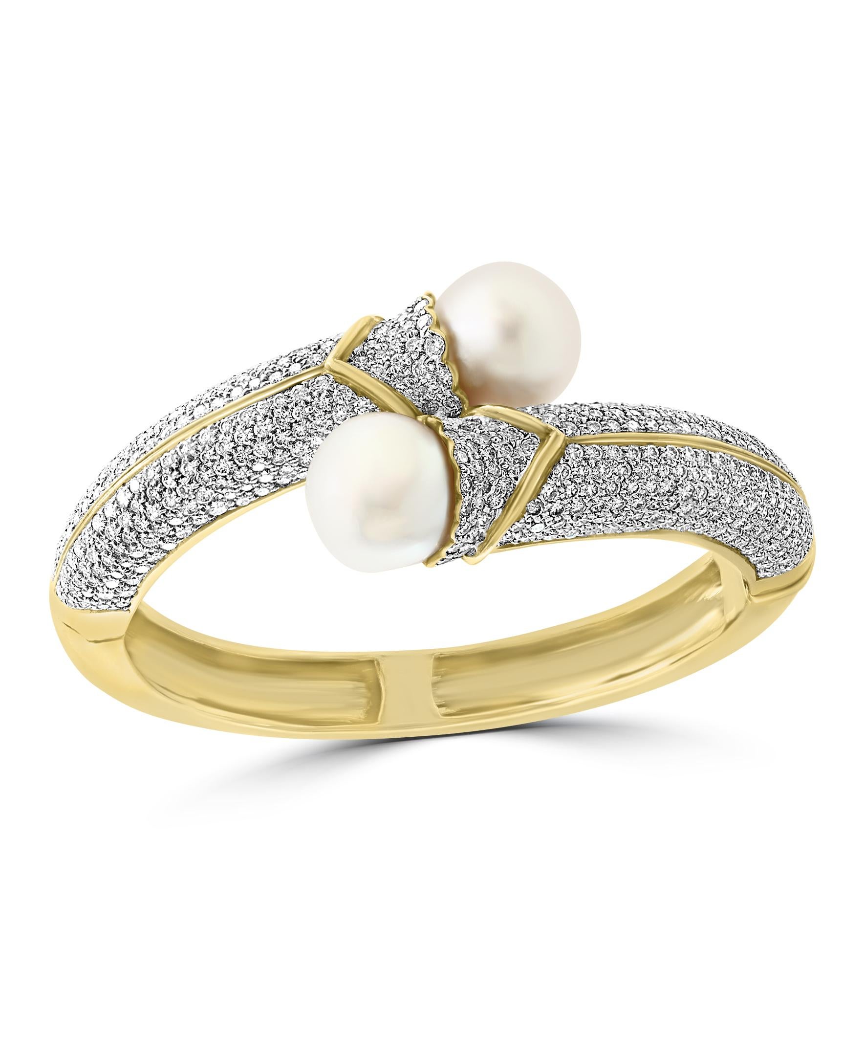 Round Cut South Sea Pearl and 8 Carat Diamond Bangle in 18 Karat Yellow Gold Estate For Sale
