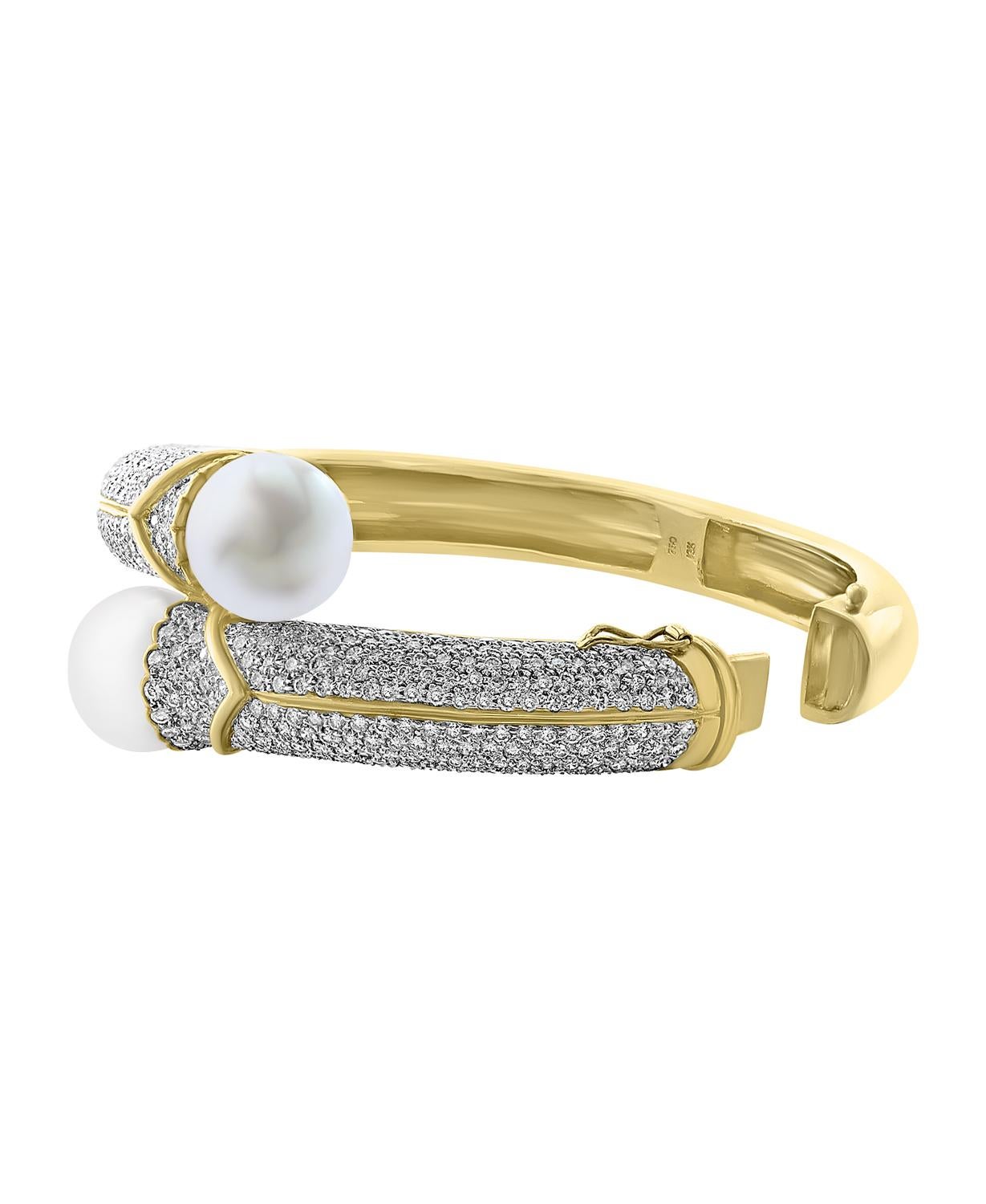 Women's South Sea Pearl and 8 Carat Diamond Bangle in 18 Karat Yellow Gold Estate For Sale