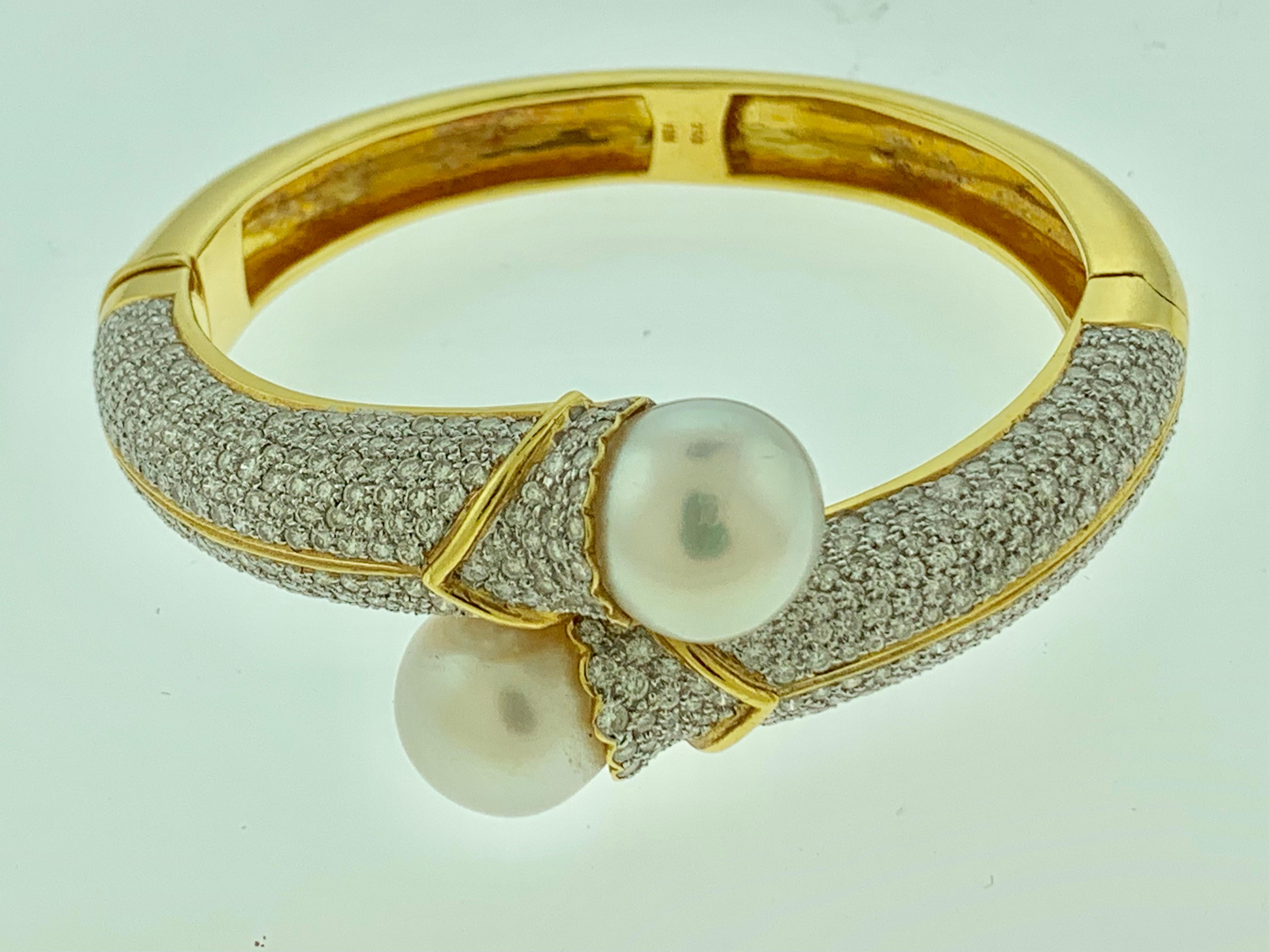 South Sea Pearl and 8 Carat Diamond Bangle in 18 Karat Yellow Gold Estate For Sale 1