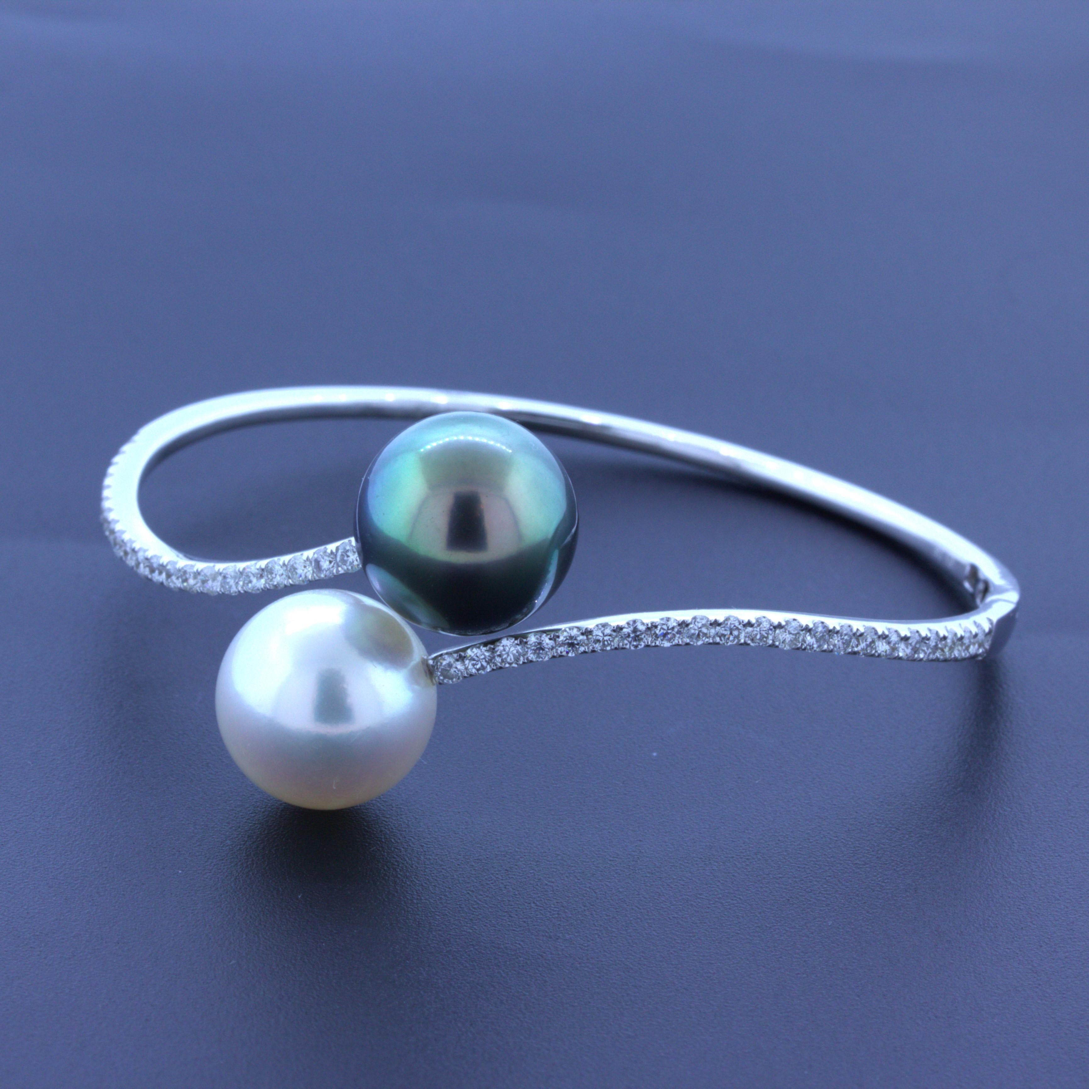 Oval Cut 13.5mm South Sea & Tahitian Pearl Diamond 18k White Gold Bangle Bracelet For Sale