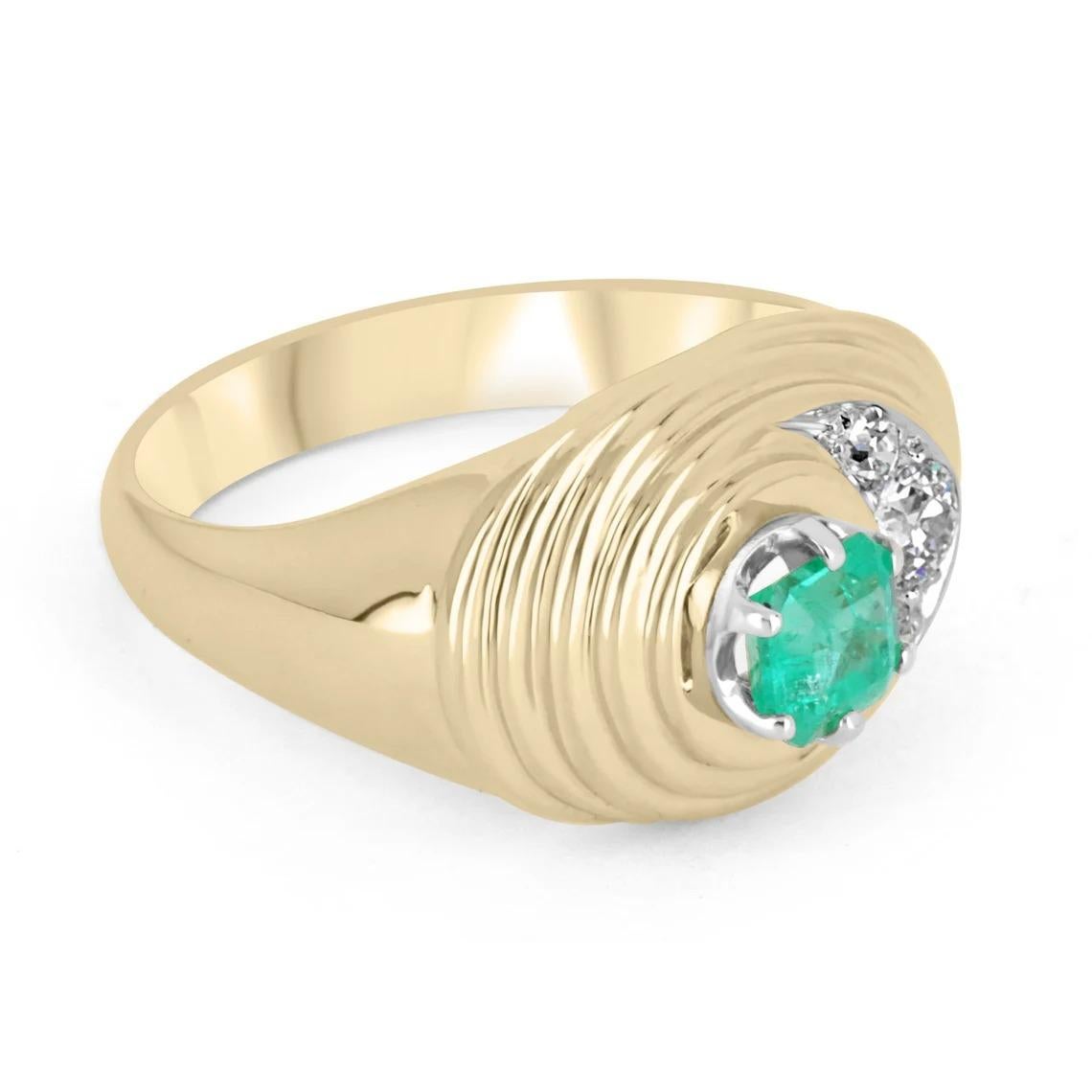 Setting Style: Prong/Pave
Setting Material: 14K Yellow Gold
Setting Weight: 10.9 Grams

Main Stone: Emerald
Shape: Asscher Cut
Weight: 0.90-Carats
Clarity: Transparent
Color: Green
Luster: Excellent-Very Good
Treatments: Natural, Oiling
Origin: