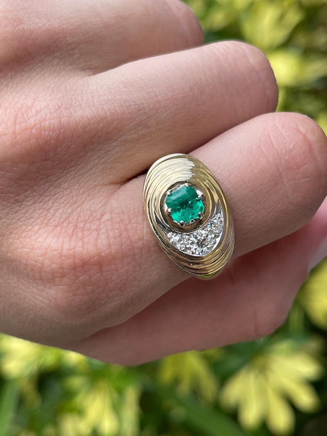 1.35tcw 14K Colombian Emerald-Asscher Cut & Diamond Accent Half Moon Men's Ring For Sale 1