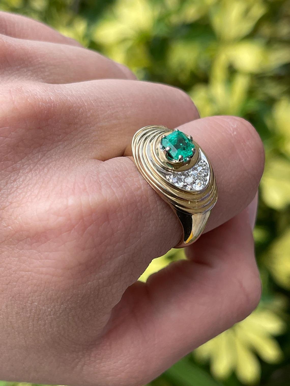 1.35tcw 14K Colombian Emerald-Asscher Cut & Diamond Accent Half Moon Men's Ring For Sale 2