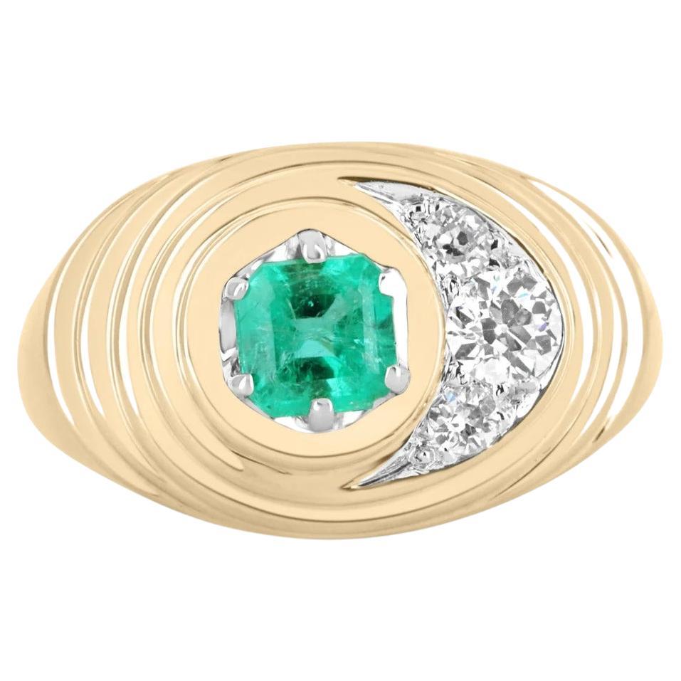 1.35tcw 14K Colombian Emerald-Asscher Cut & Diamond Accent Half Moon Men's Ring
