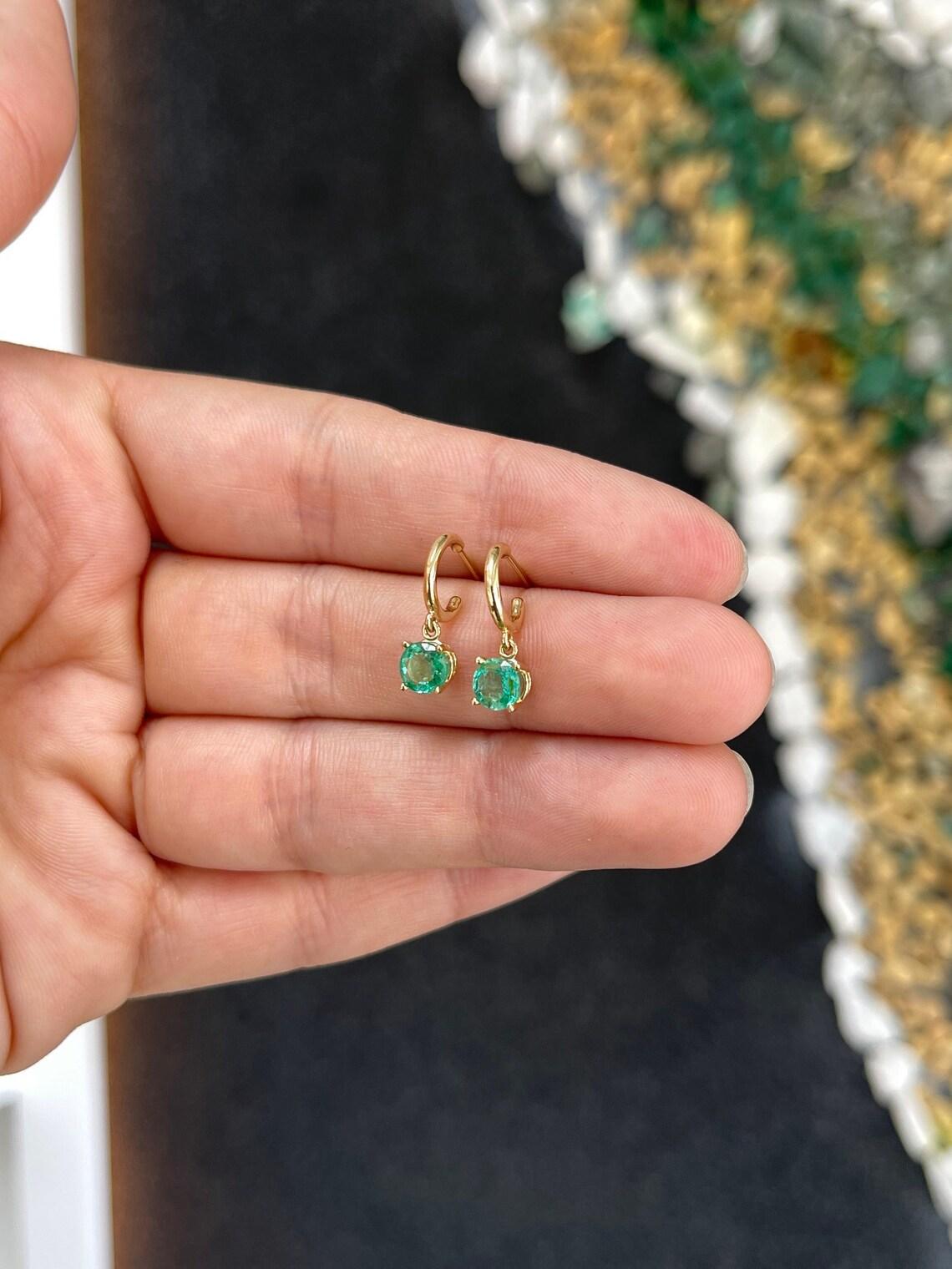 Modern 1.35tcw 14K Round Cut Emerald Huggie Dangle Earrings Dark Green Perfect May Gift For Sale
