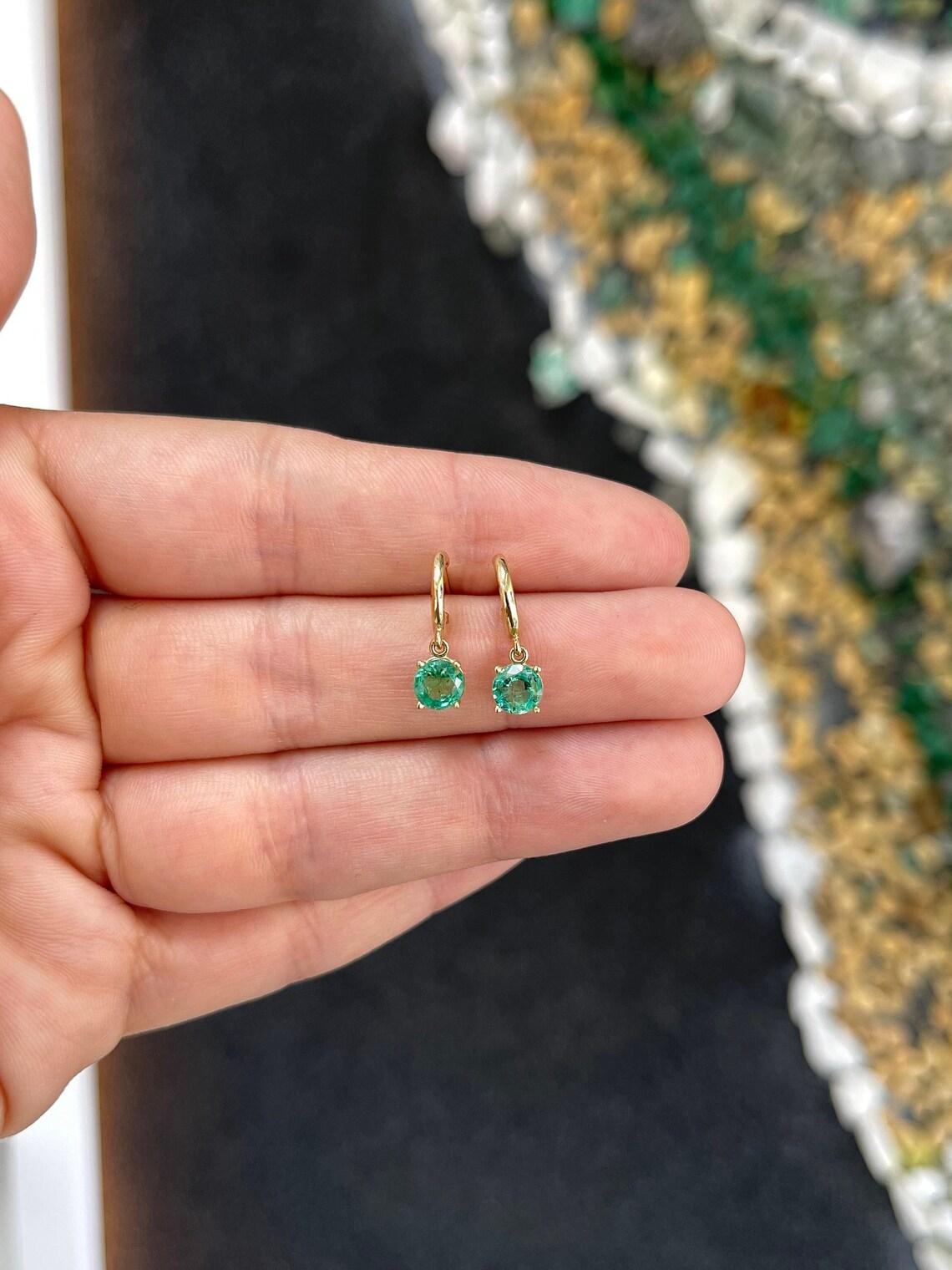 Women's 1.35tcw 14K Round Cut Emerald Huggie Dangle Earrings Dark Green Perfect May Gift For Sale