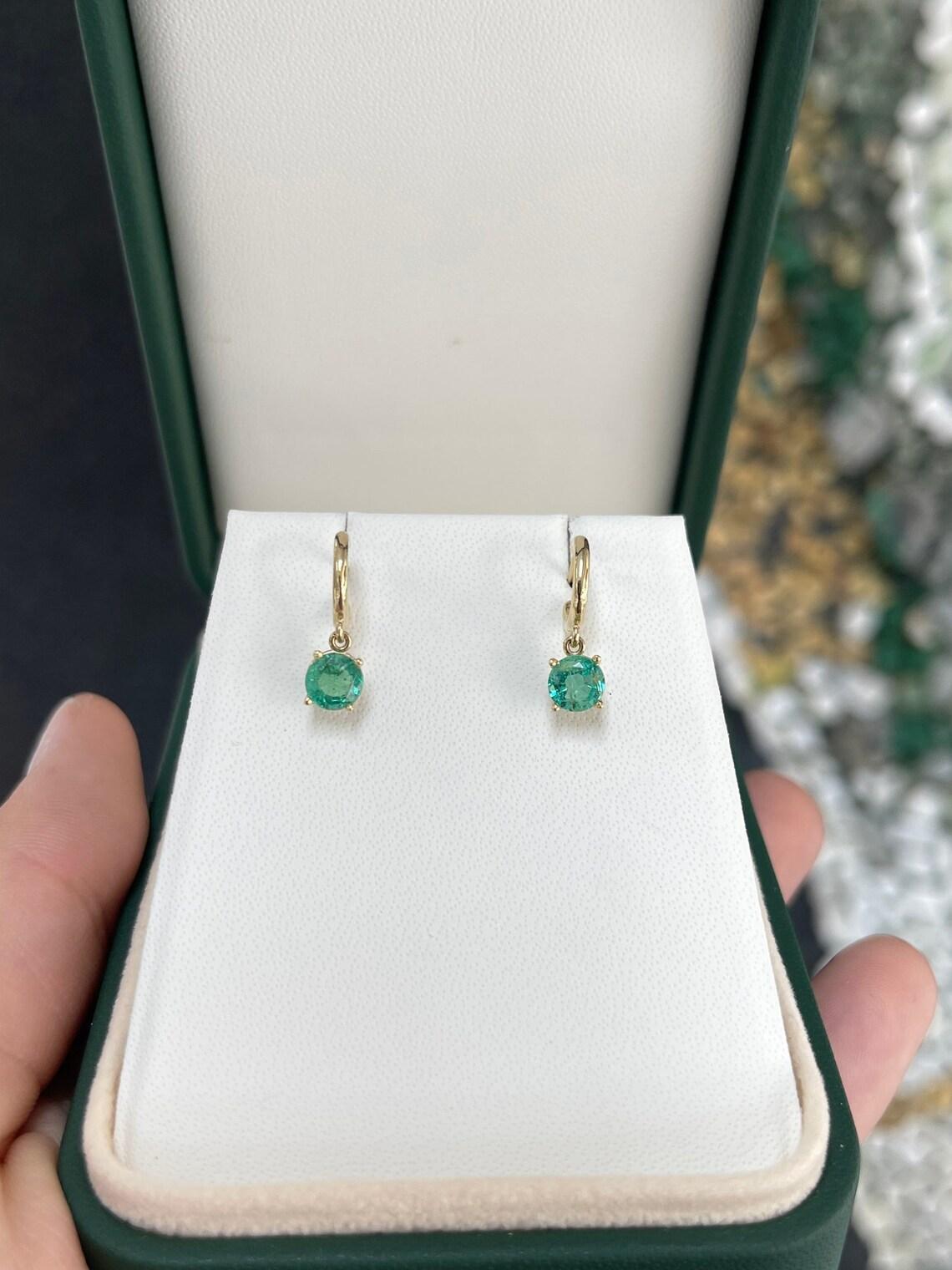 1.35tcw 14K Round Cut Emerald Huggie Dangle Earrings Dark Green Perfect May Gift For Sale 1