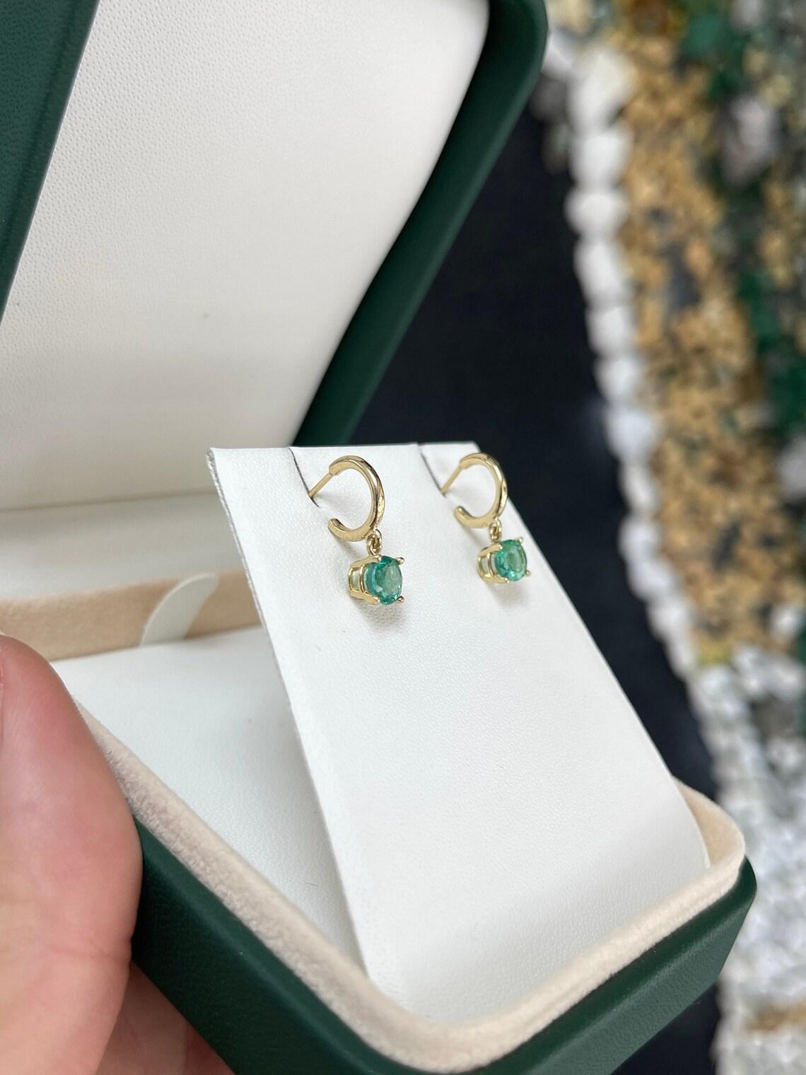 1.35tcw 14K Round Cut Emerald Huggie Dangle Earrings Dark Green Perfect May Gift For Sale 2